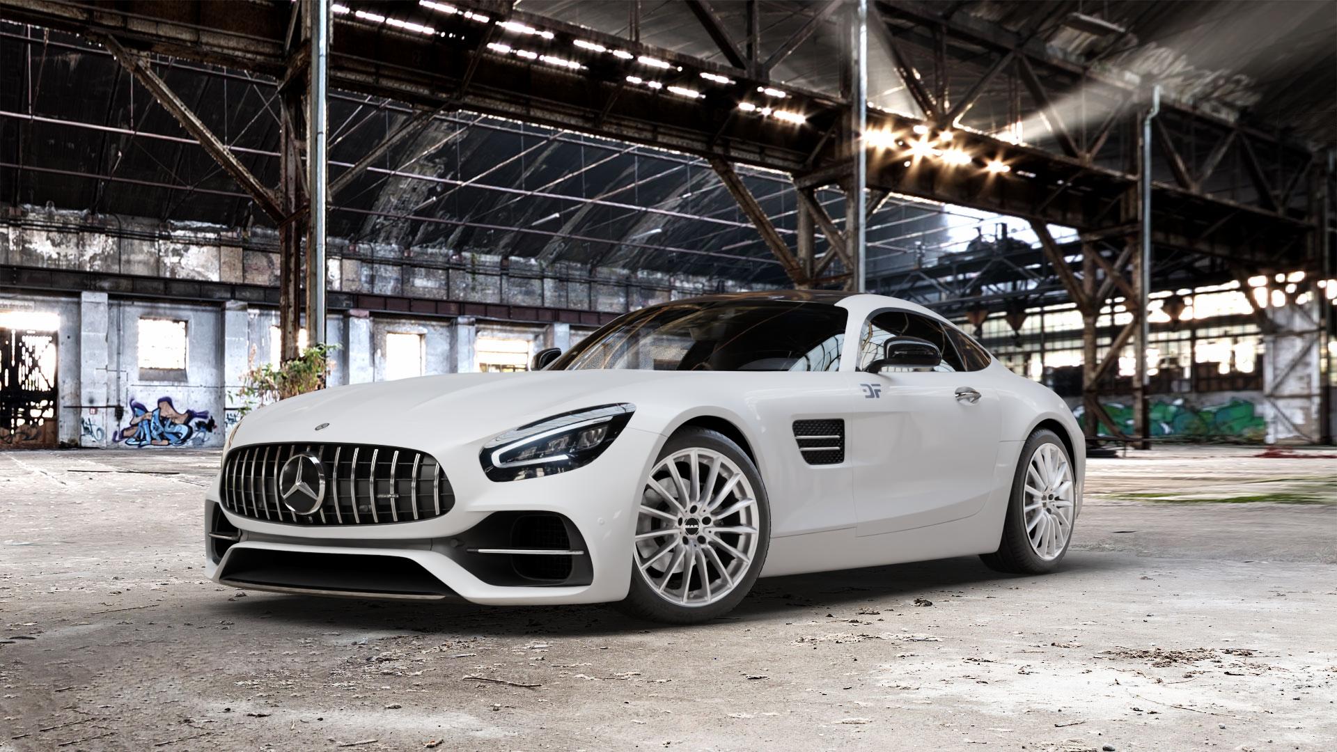 MAK Komet Silver Felge mit Reifen silber in 19Zoll Winterfelge Alufelge auf weissem Mercedes AMG GT Typ 197 ⬇️ mit 15mm Tieferlegung ⬇️ Old Industrial Hall_max_5300mm_2024 Frontansicht_1