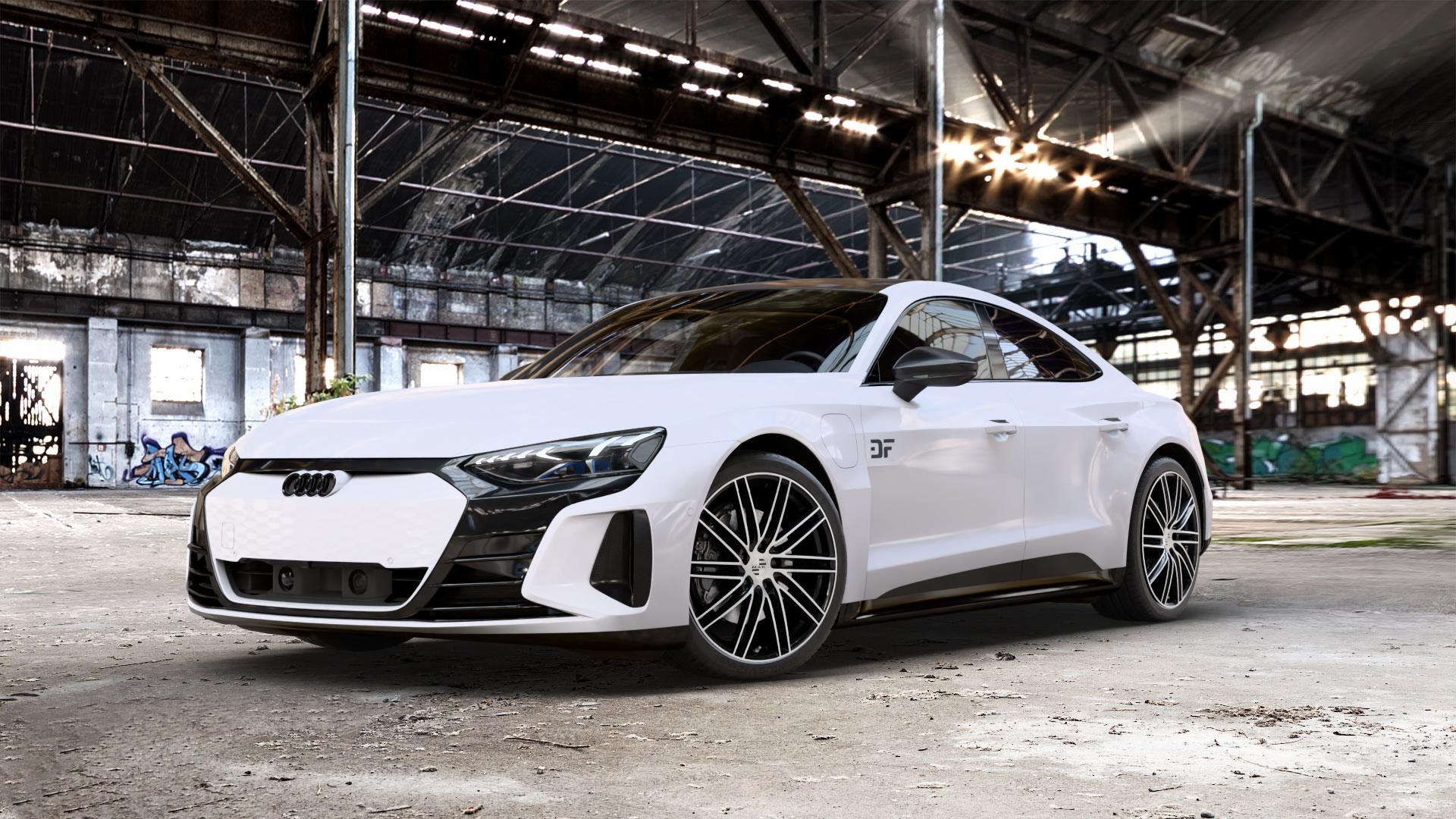 MAK Leipzig Black Mirror Felge mit Reifen silber schwarz mehrfarbig in 21Zoll Winterfelge Alufelge auf weissem Audi RS E-Tron GT Typ FW ⬇️ mit 15mm Tieferlegung ⬇️ Old Industrial Hall_max_5300mm_2024 Frontansicht_1