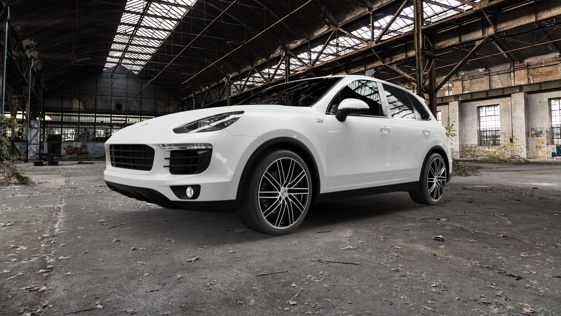 MAK Leipzig Black Mirror Felge mit Reifen silber schwarz mehrfarbig in 21Zoll Winterfelge Alufelge auf weissem Porsche Cayenne II Typ 92A Facelift ⬇️ mit 15mm Tieferlegung ⬇️ Old Industrial Hall_max5000mm_2022 Frontansicht_1
