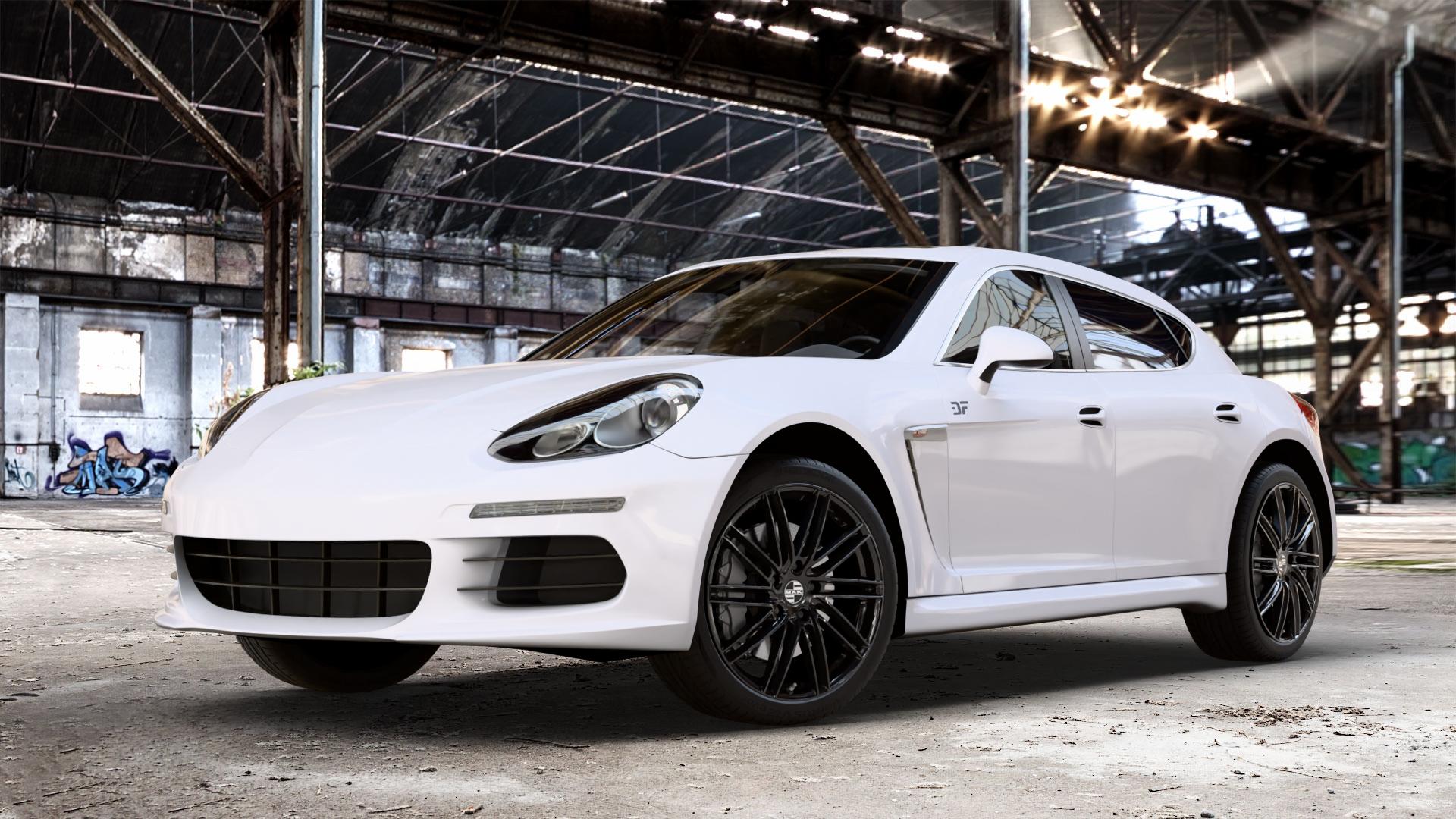MAK Leipzig Gloss Black Felge mit Reifen schwarz in 20Zoll Winterfelge Alufelge auf weissem Porsche Panamera Typ 970 Facelift ⬇️ mit 15mm Tieferlegung ⬇️ Old Industrial Hall_max_4400mm_2024 Frontansicht_1