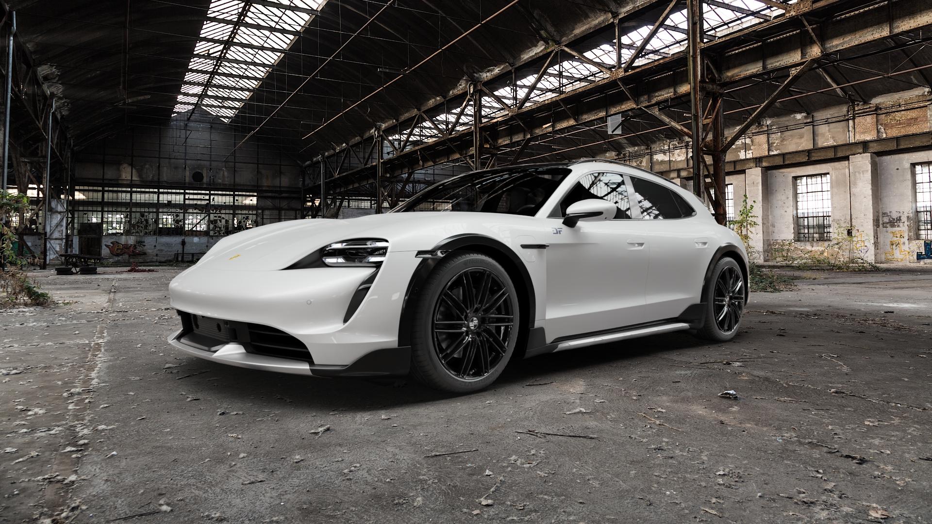 MAK Leipzig Gloss Black Felge mit Reifen schwarz in 20Zoll Winterfelge Alufelge auf weissem Porsche Taycan Cross Turismo Typ Y1A ⬇️ mit 15mm Tieferlegung ⬇️ Old Industrial Hall_max5000mm_2022 Frontansicht_1