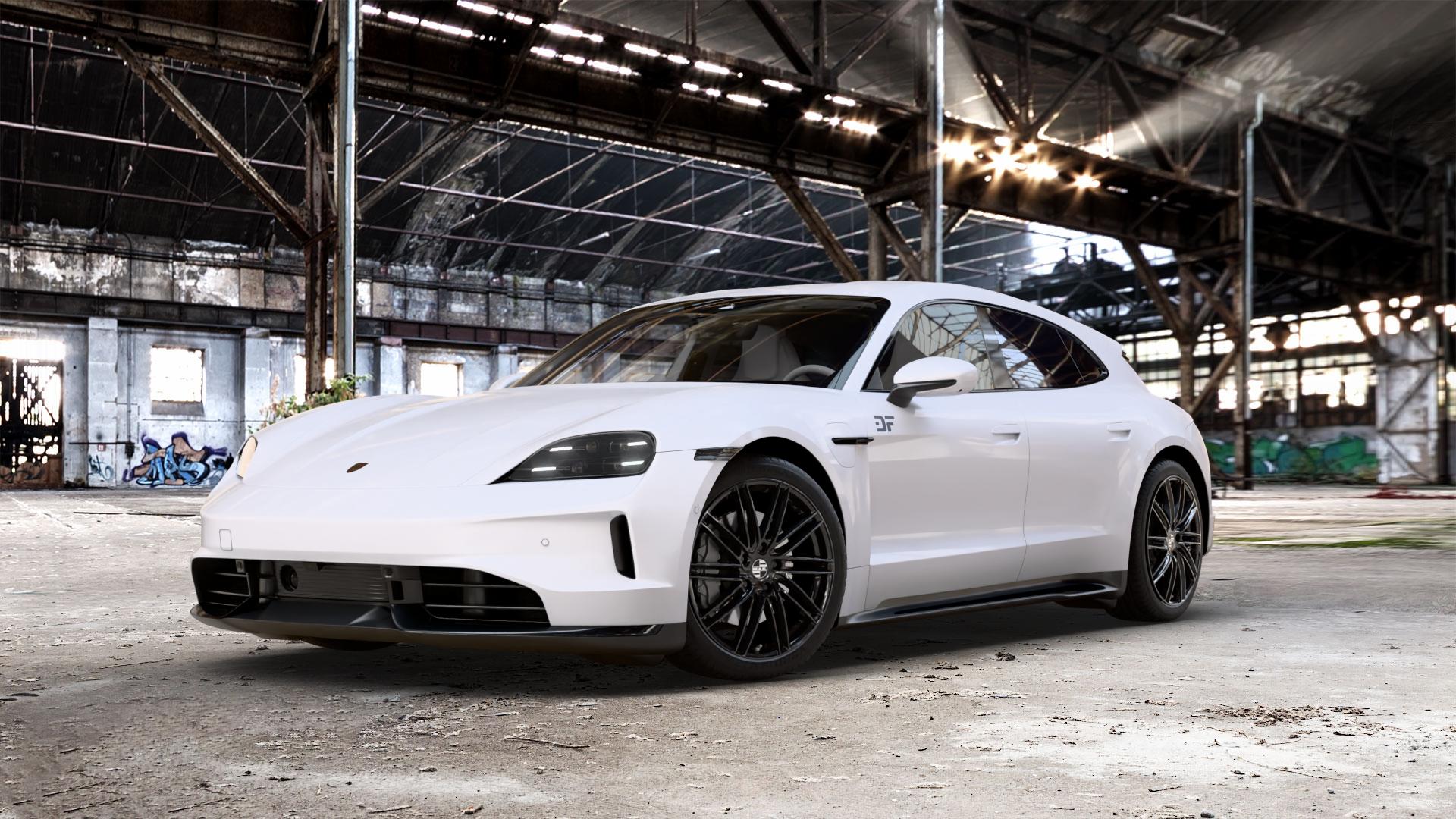 MAK Leipzig Gloss Black Felge mit Reifen schwarz in 20Zoll Winterfelge Alufelge auf weissem Porsche Taycan Sport Turismo Typ Y1A Facelift ⬇️ mit 15mm Tieferlegung ⬇️ Old Industrial Hall_max_5300mm_2024 Frontansicht_1
