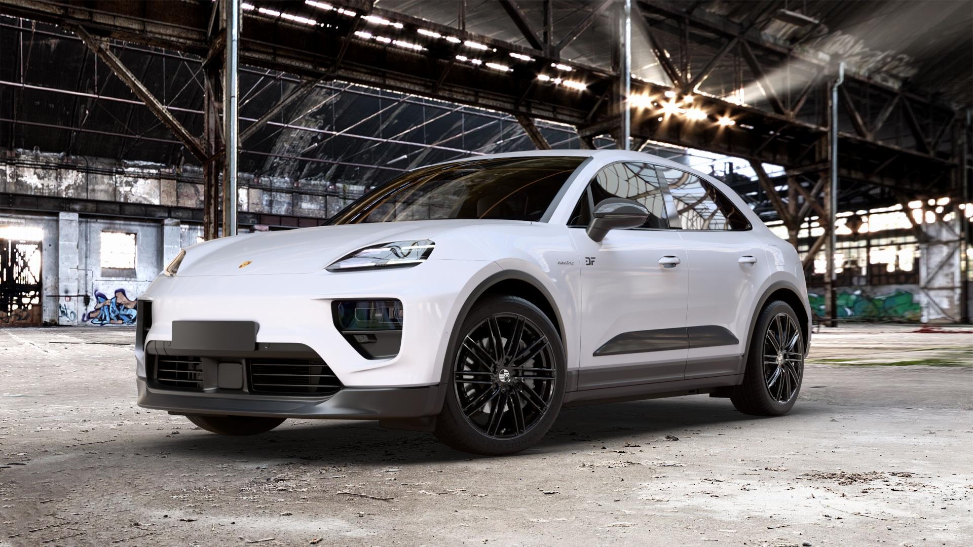 MAK Leipzig Gloss Black Felge mit Reifen schwarz in 21Zoll Winterfelge Alufelge auf Weiss Uni Porsche Macan Typ XA ⬇️ mit 15mm Tieferlegung ⬇️ Old Industrial Hall_max_5300mm_2024 Frontansicht_1