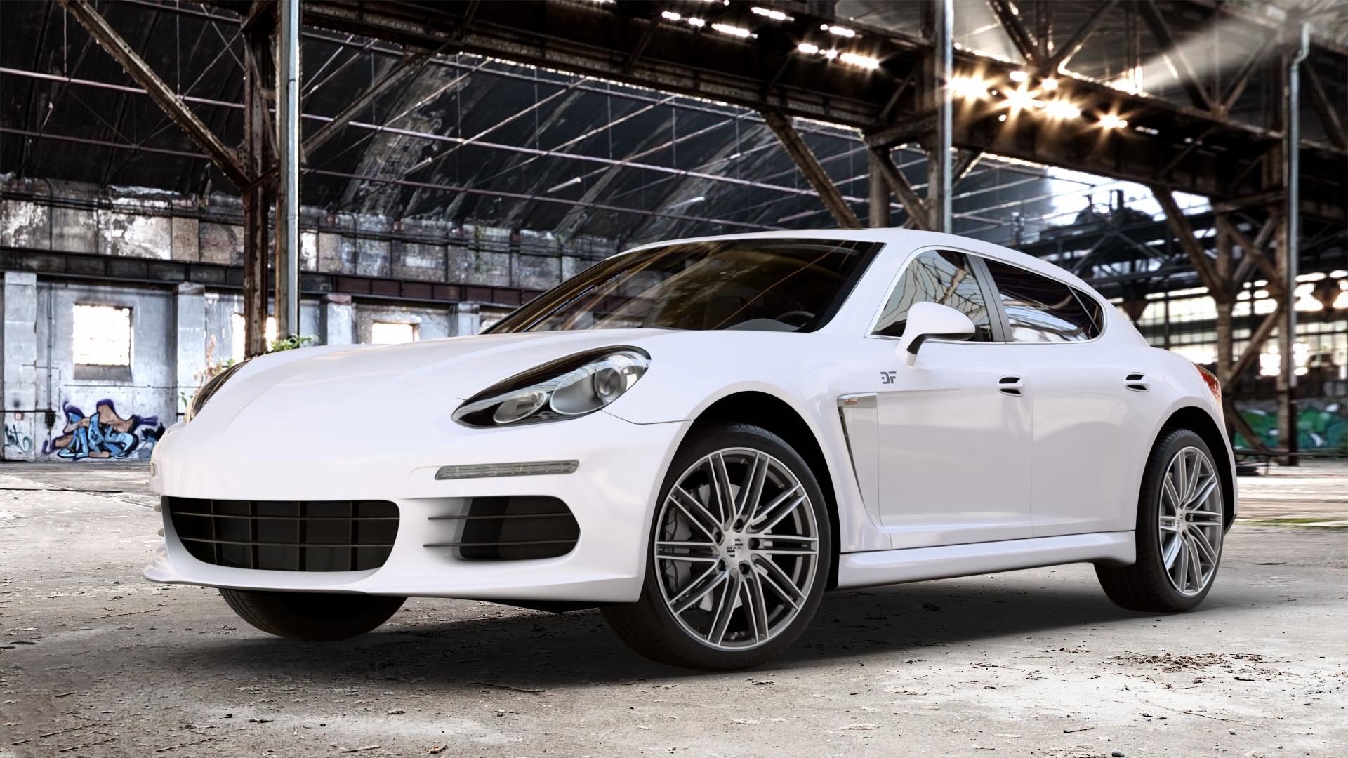 MAK Leipzig Gun Met-Mirror Face Felge mit Reifen silber mehrfarbig anthrazit in 20Zoll Alufelge auf weissem Porsche Panamera Typ 970 Facelift ⬇️ mit 15mm Tieferlegung ⬇️ Old Industrial Hall_max_4400mm_2024 Frontansicht_1