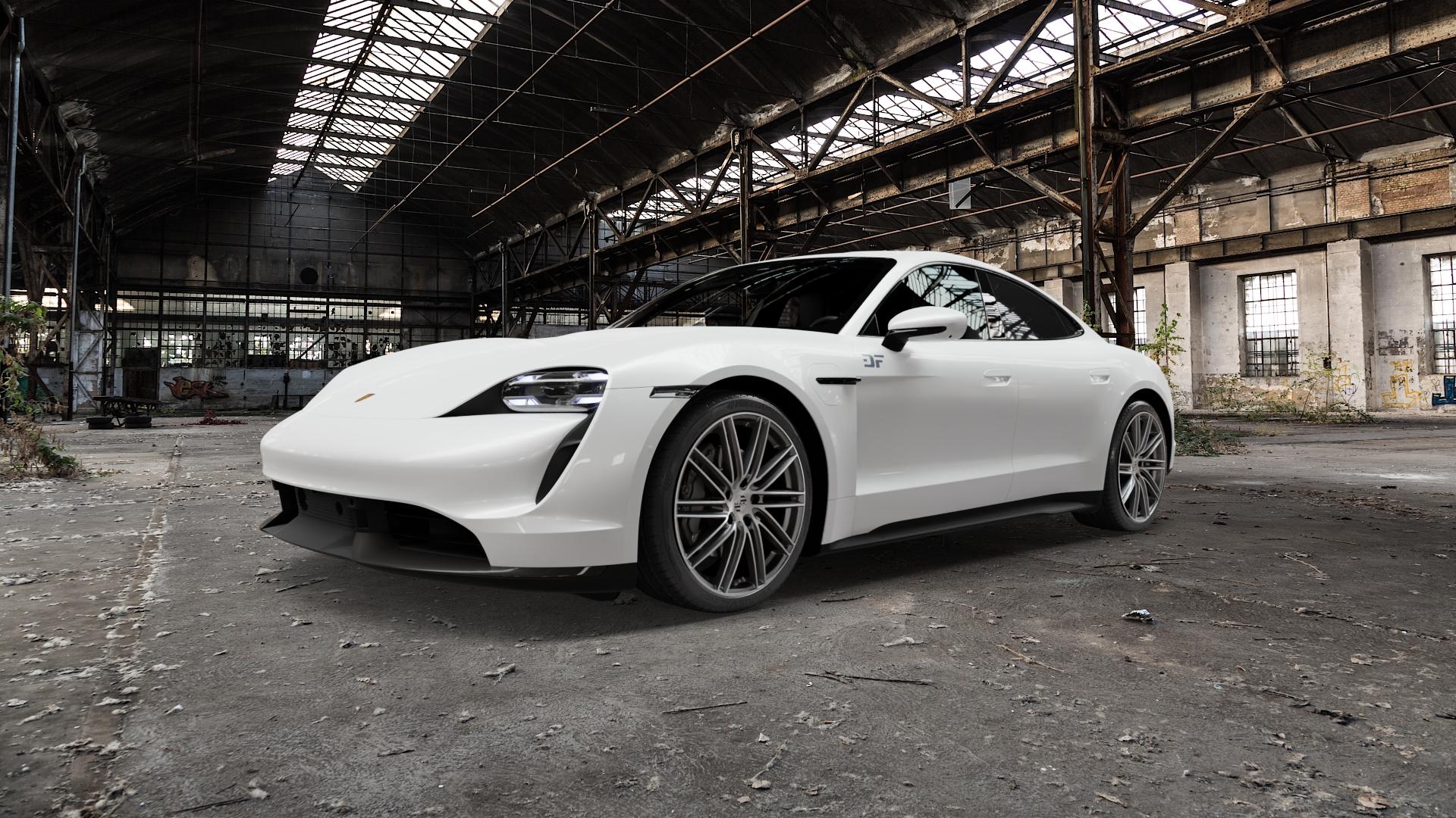 MAK Leipzig Gun Met-Mirror Face Felge mit Reifen silber mehrfarbig anthrazit in 21Zoll Alufelge auf weissem Porsche Taycan Typ Y1A 0,0l 4S 140kW (190 PS) Turbo 142kW (193 S 113kW (154 ⬇️ mit 15mm Tieferlegung ⬇️ Old Industrial Hall_max5000mm_2022 Frontansicht_1