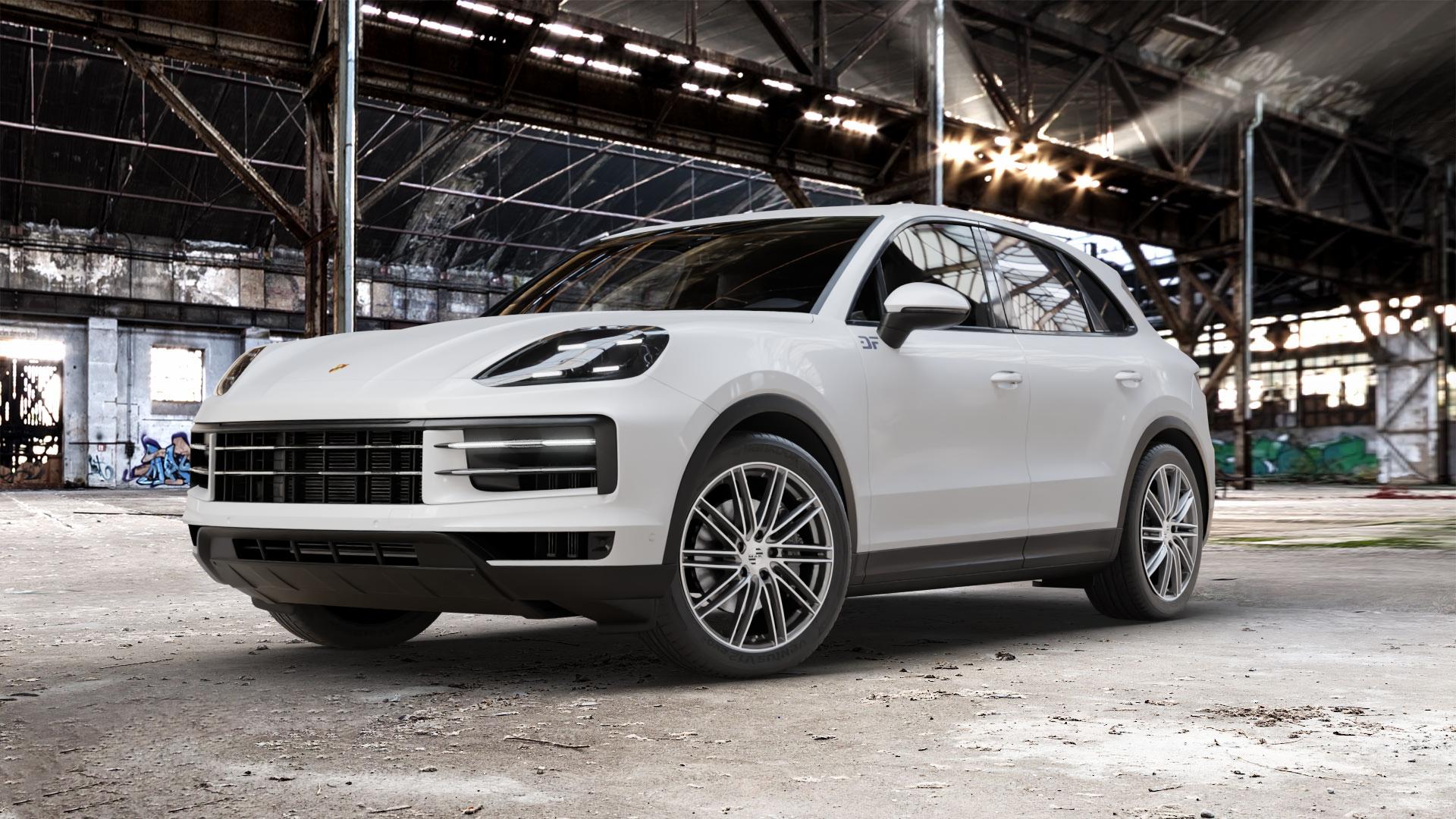 MAK Leipzig Gun Met-Mirror Face Felge mit Reifen silber mehrfarbig anthrazit in 21Zoll Winterfelge Alufelge auf weissem Porsche Cayenne III Typ 9YA Facelift ⬇️ mit 15mm Tieferlegung ⬇️ Old Industrial Hall_max_5300mm_2024 Frontansicht_1