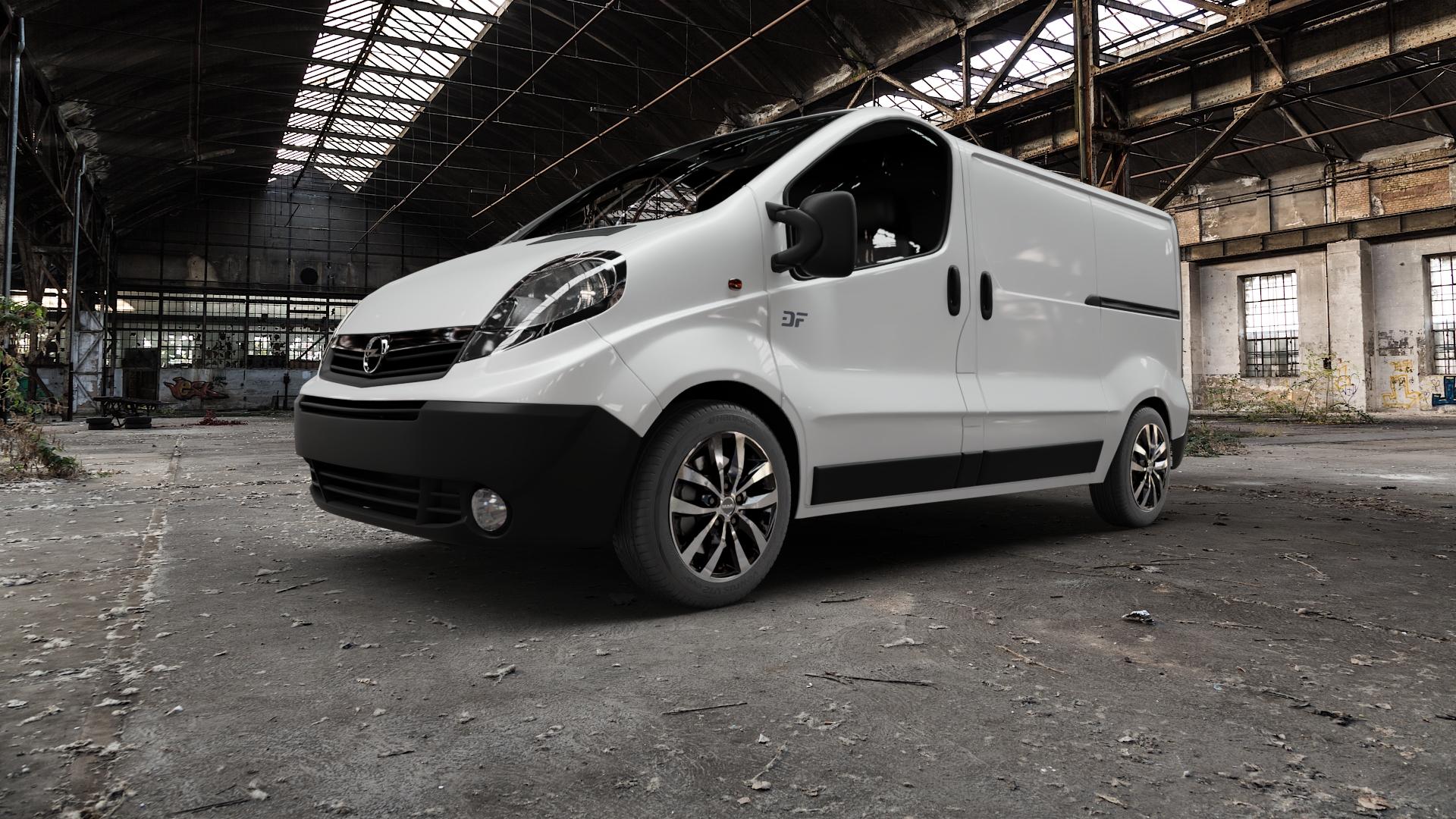 MAK LOAD5 Black Mirror Felge mit Reifen silber schwarz mehrfarbig in 17Zoll Winterfelge Alufelge auf weissem Opel Vivaro A Kasten ⬇️ mit 15mm Tieferlegung ⬇️ Old Industrial Hall_max5000mm_2022 Frontansicht_1