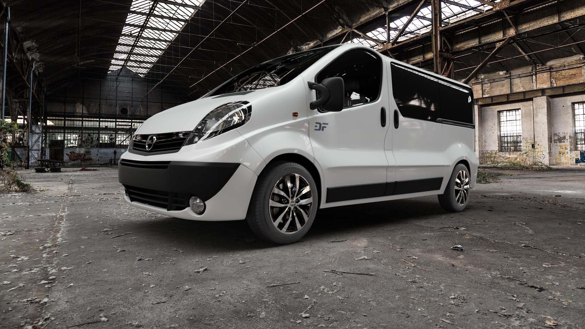 MAK LOAD5 Black Mirror Felge mit Reifen silber schwarz mehrfarbig in 17Zoll Winterfelge Alufelge auf weissem Opel Vivaro A Kombi ⬇️ mit 15mm Tieferlegung ⬇️ Old Industrial Hall_max5000mm_2022 Frontansicht_1