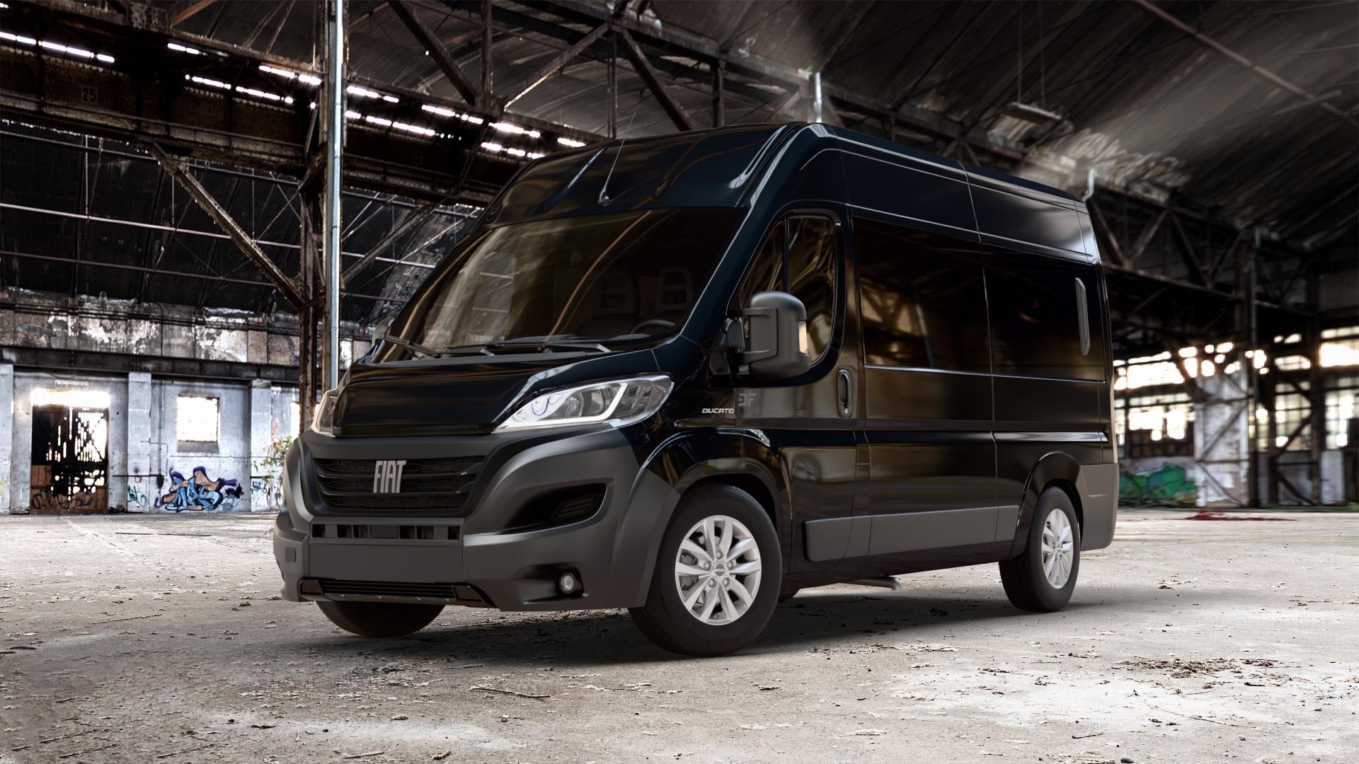 MAK LOAD5 Silver Felge mit Reifen silber in 16Zoll Winterfelge Alufelge auf schwarzem metallic Fiat Ducato Bus Typ 250 Facelift 22-> ⬇️ mit 15mm Tieferlegung ⬇️ Old Industrial Hall_max_7000mm_2024 Frontansicht_1