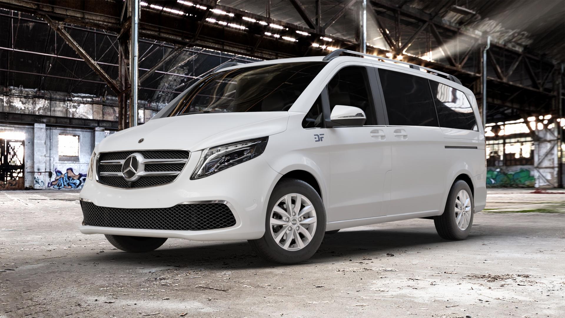 MAK LOAD5 Silver Felge mit Reifen silber in 16Zoll Winterfelge Alufelge auf weissem Mercedes V-Klasse Typ W447 Facelift Marco Polo Vito Tourer ⬇️ mit 15mm Tieferlegung ⬇️ Old Industrial Hall_max_5300mm_2024 Frontansicht_1