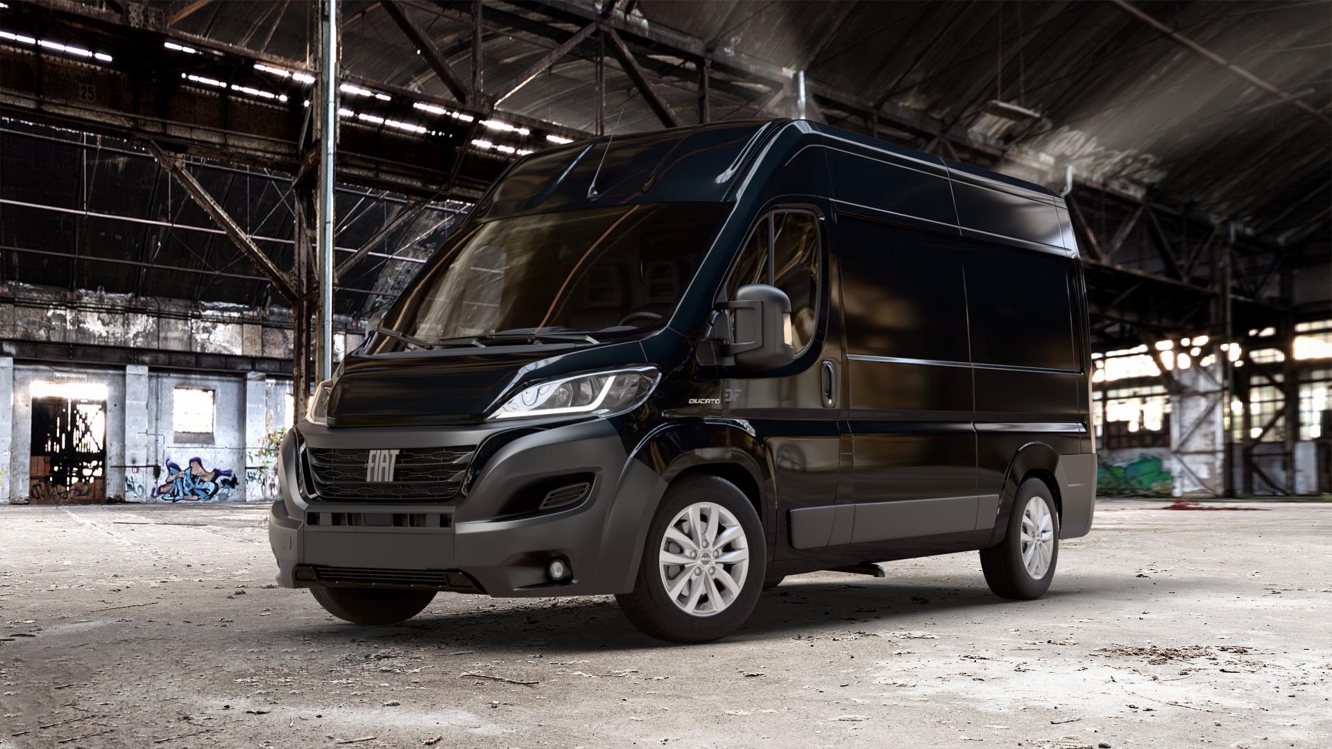 MAK LOAD5 Silver Felge mit Reifen silber in 17Zoll Winterfelge Alufelge auf schwarzem metallic Fiat Ducato Kasten Typ 250 Facelift 22-> ⬇️ mit 15mm Tieferlegung ⬇️ Old Industrial Hall_max_7000mm_2024 Frontansicht_1