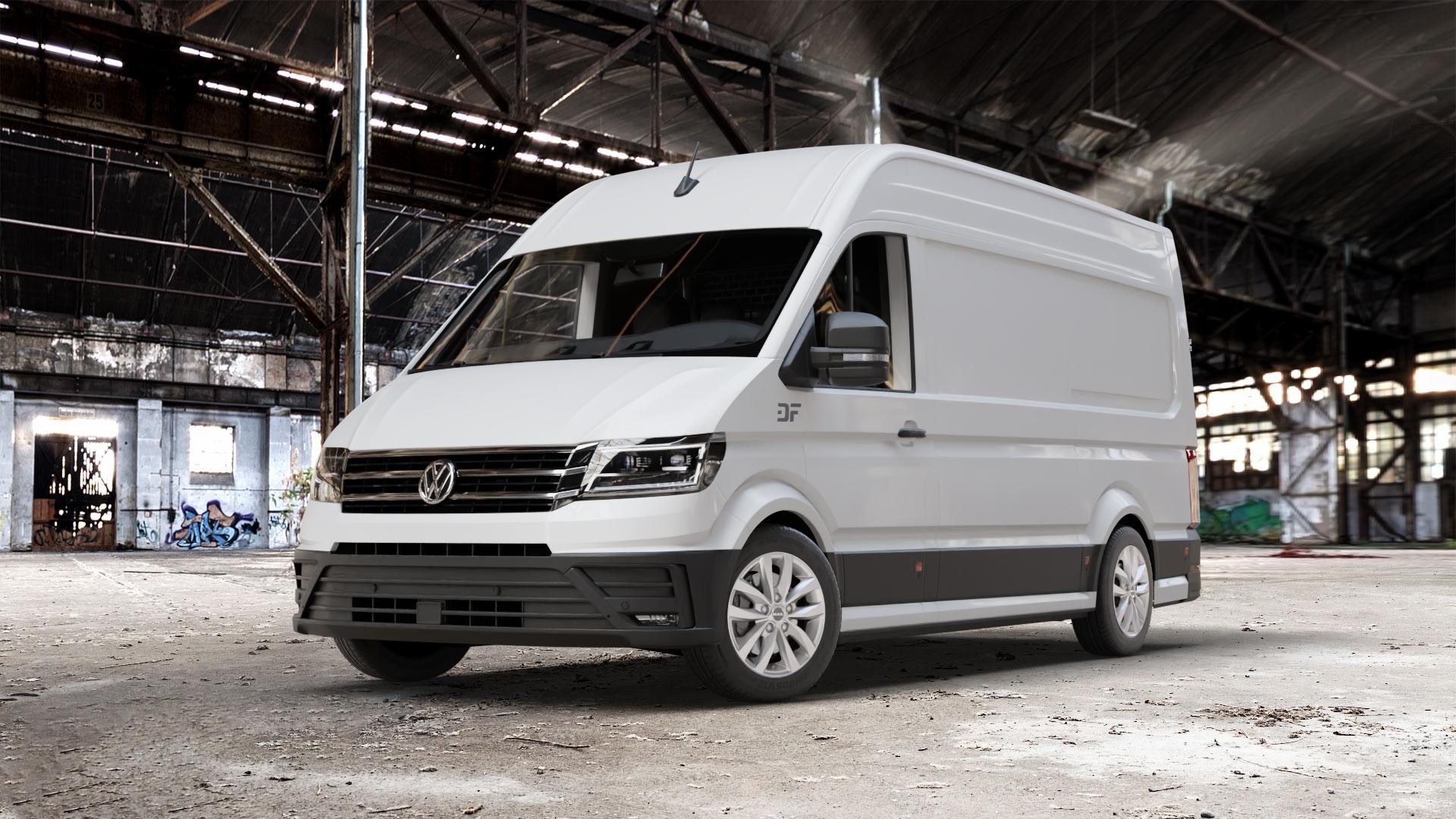 MAK LOAD5 Silver Felge mit Reifen silber in 17Zoll Winterfelge Alufelge auf weissem Volkswagen (VW) Crafter Typ SYN1E SZN1E SYN2E SZN2E ⬇️ mit 15mm Tieferlegung ⬇️ Old Industrial Hall_max_7000mm_2024 Frontansicht_1