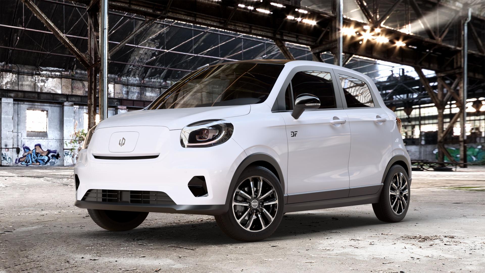 MAK Magma Black Mirror Felge mit Reifen silber schwarz mehrfarbig in 15Zoll Alufelge auf Weiss Uni Leapmotor T03 ⬇️ mit 15mm Tieferlegung ⬇️ Old Industrial Hall_max_4400mm_2024 Frontansicht_1