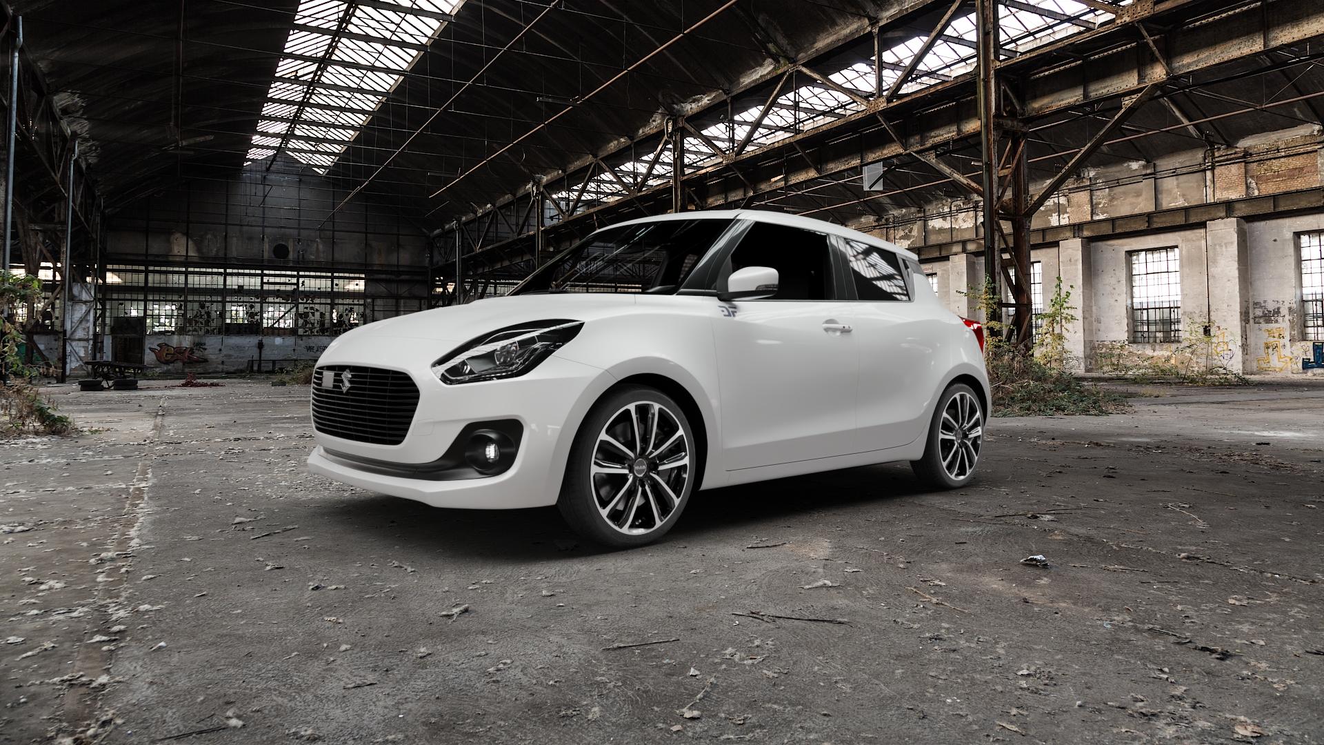 MAK Magma Black Mirror Felge mit Reifen silber schwarz mehrfarbig in 17Zoll Alufelge auf weissem Suzuki Swift VI Typ AZ Facelift ⬇️ mit 15mm Tieferlegung ⬇️ Old Industrial Hall_max5000mm_2022 Frontansicht_1