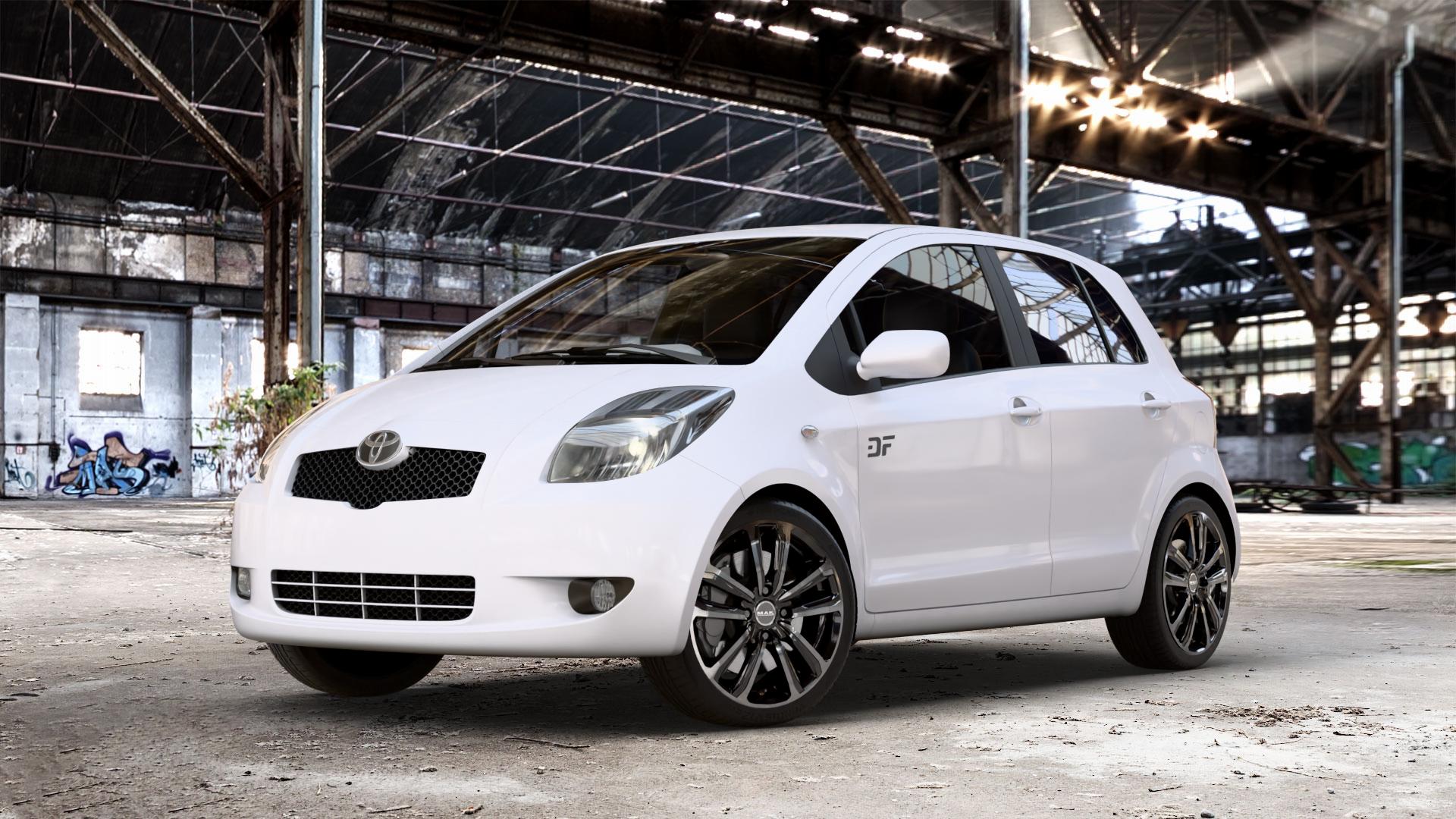 MAK Magma Black Mirror Felge mit Reifen silber schwarz mehrfarbig in 17Zoll Alufelge auf weissem Toyota Yaris II Typ XP9F ⬇️ mit 15mm Tieferlegung ⬇️ Old Industrial Hall_max_4400mm_2024 Frontansicht_1