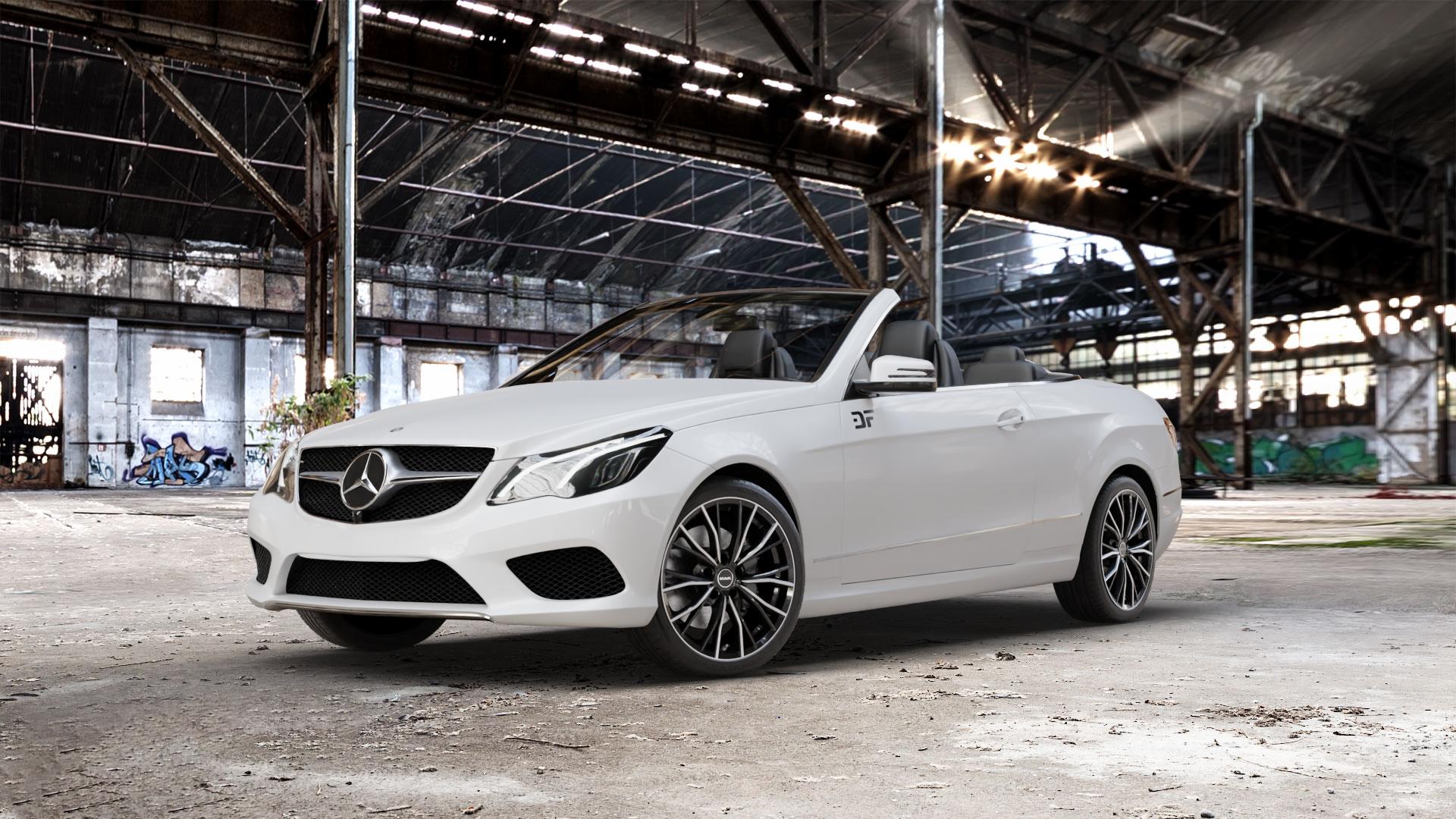 MAK Mark Black Mirror Felge mit Reifen silber schwarz mehrfarbig in 18Zoll Alufelge auf weissem Mercedes E-Klasse Typ A207 Cabriolet Facelift Cabrio ⬇️ mit 15mm Tieferlegung ⬇️ Old Industrial Hall_max_5300mm_2024 Frontansicht_1