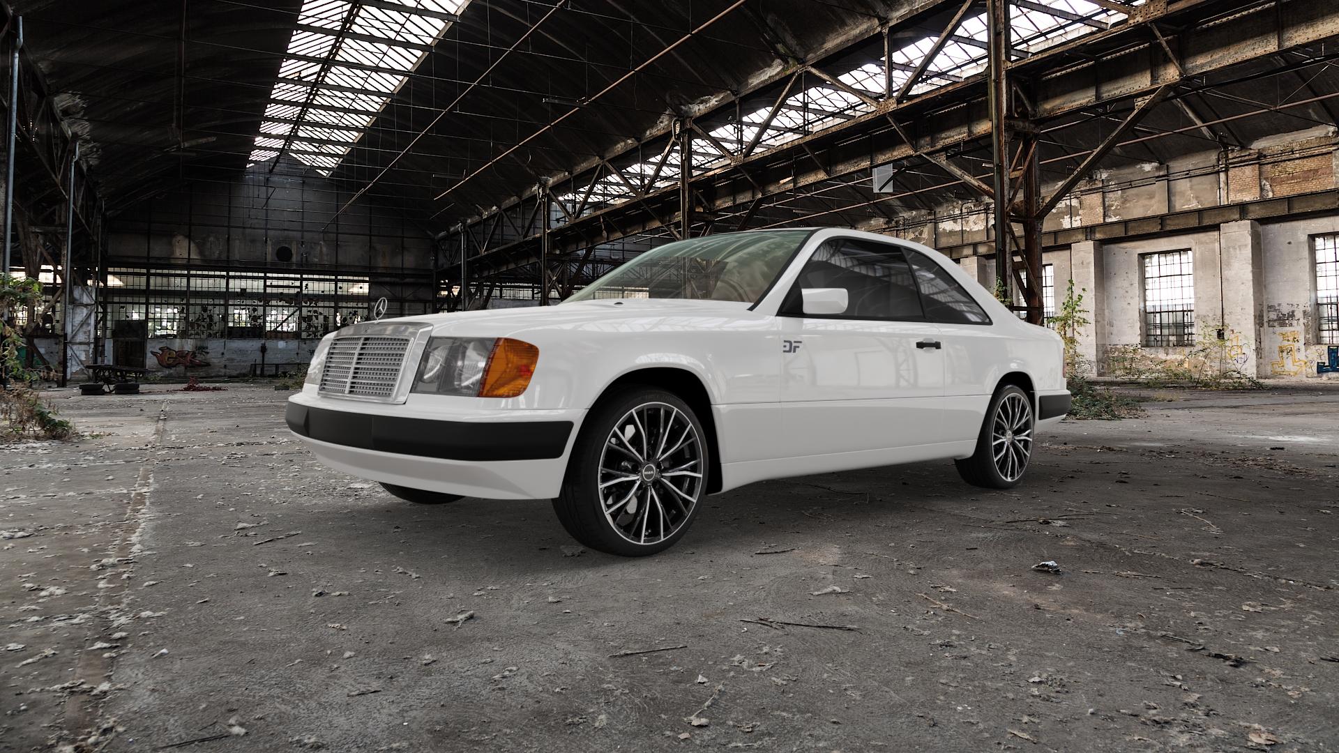 MAK Mark Black Mirror Felge mit Reifen silber schwarz mehrfarbig in 18Zoll Alufelge auf weissem Mercedes E-Klasse Typ W124 Coupe ⬇️ mit 15mm Tieferlegung ⬇️ Old Industrial Hall_max5000mm_2022 Frontansicht_1