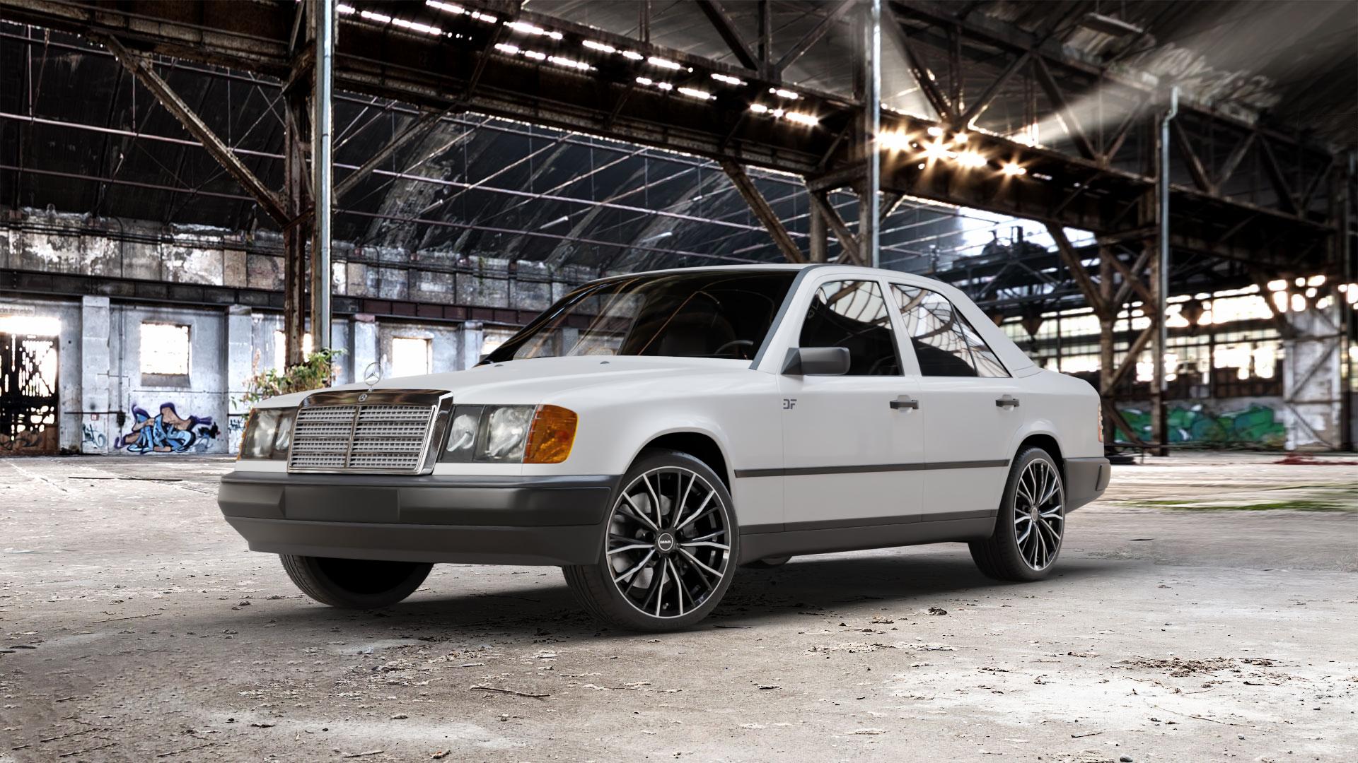 MAK Mark Black Mirror Felge mit Reifen silber schwarz mehrfarbig in 18Zoll Alufelge auf weissem Mercedes E-Klasse Typ W124 Limousine ⬇️ mit 15mm Tieferlegung ⬇️ Old Industrial Hall_max_5300mm_2024 Frontansicht_1
