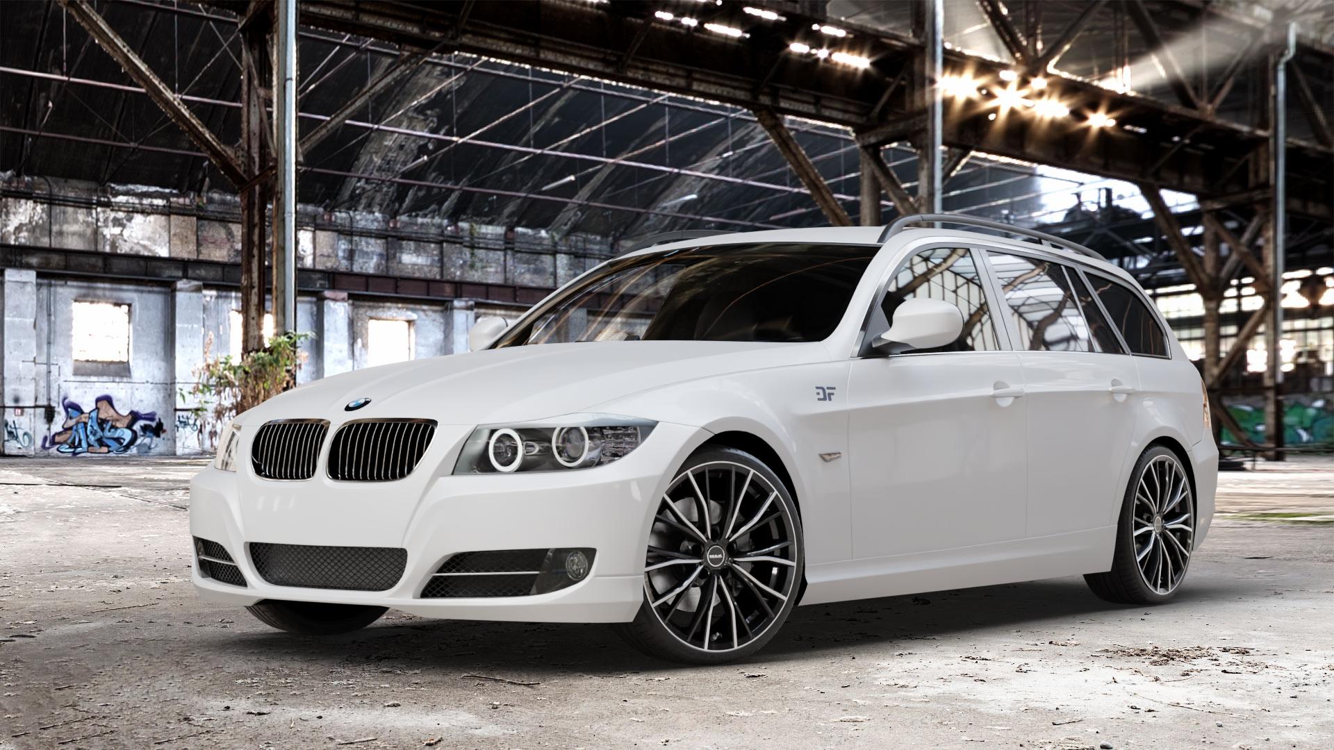 MAK Mark Black Mirror Felge mit Reifen silber schwarz mehrfarbig in 19Zoll Alufelge auf weissem BMW 318i Typ E91 (Touring) 320i 325i 330i 320d 330d 318d 325xi 330xi 335i 335d 325d 330xd 335xi 320xd 316d 316i 3er Touring (390L, 390X, 3K, 3K-N1) ⬇️ mit 15mm Tieferlegung ⬇️ Old Industrial Hall_max_4400mm_2024 Frontansicht_1
