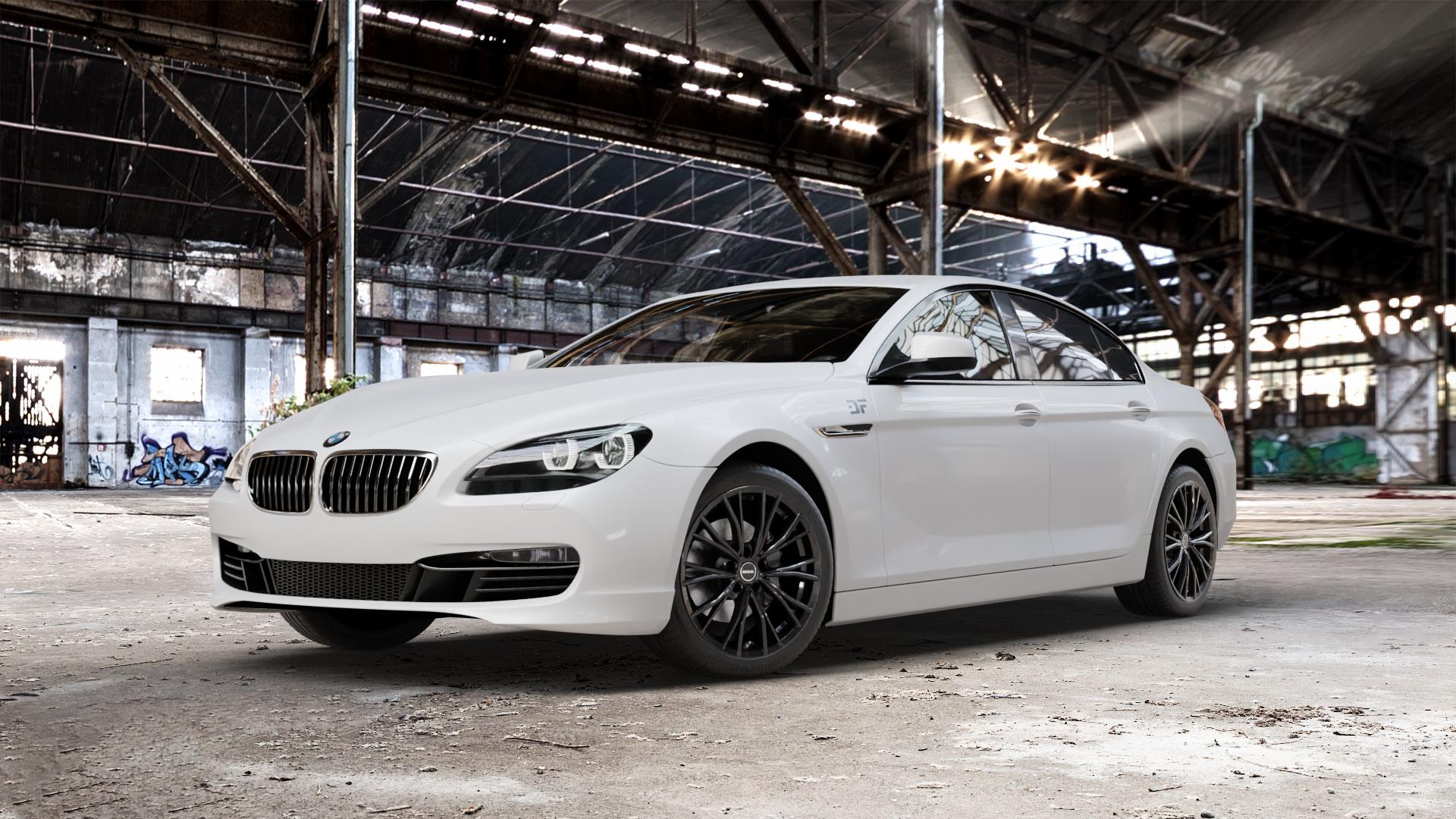 MAK Mark Gloss Black Felge mit Reifen schwarz in 19Zoll Winterfelge Alufelge auf weissem BMW 6er F06 Gran Coupe (6C) ⬇️ mit 15mm Tieferlegung ⬇️ Old Industrial Hall_max_5300mm_2024 Frontansicht_1