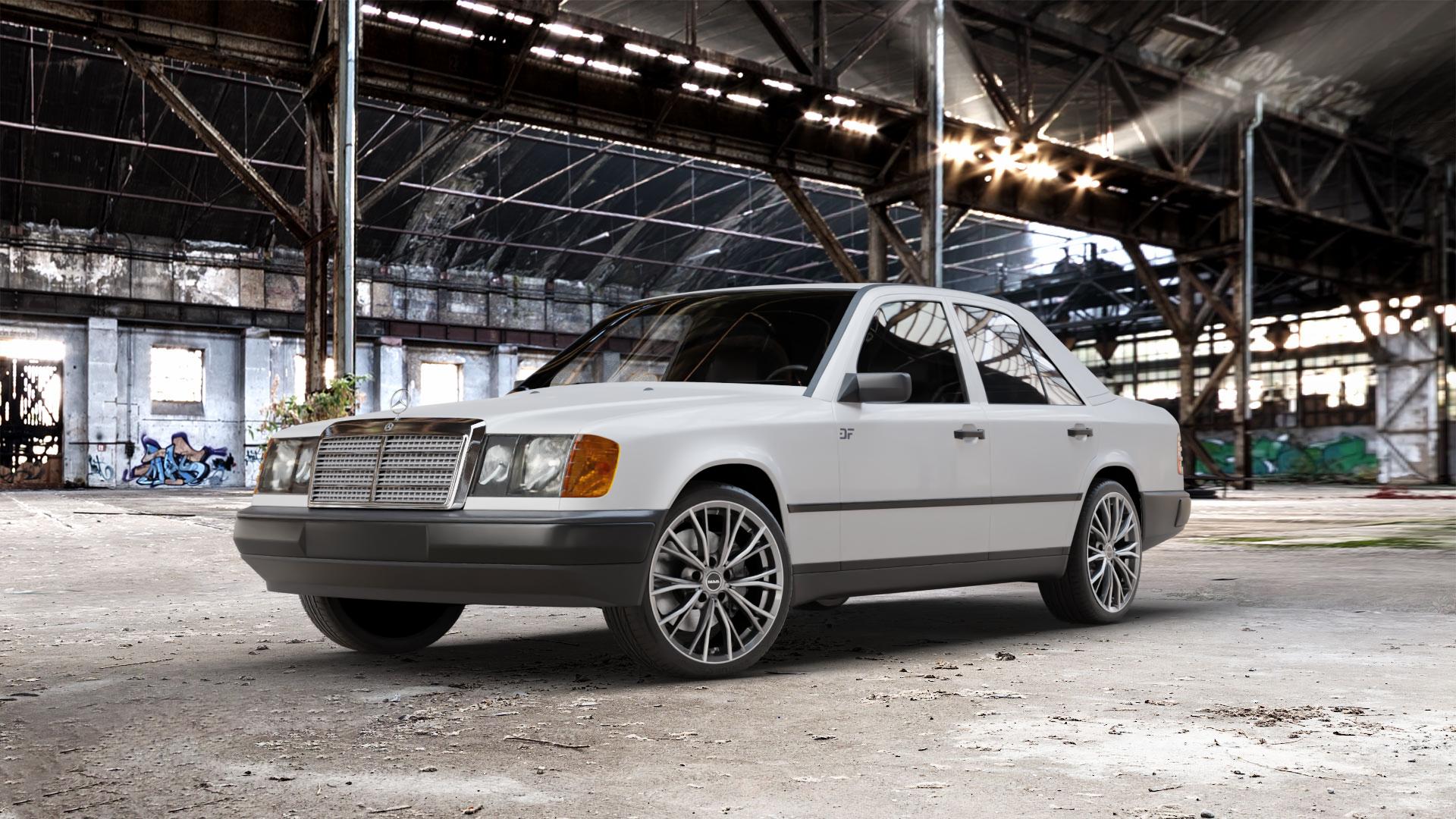 MAK Mark Gun Met-Mirror Face Felge mit Reifen silber mehrfarbig anthrazit in 18Zoll Alufelge auf weissem Mercedes E-Klasse Typ W124 Limousine ⬇️ mit 15mm Tieferlegung ⬇️ Old Industrial Hall_max_5300mm_2024 Frontansicht_1