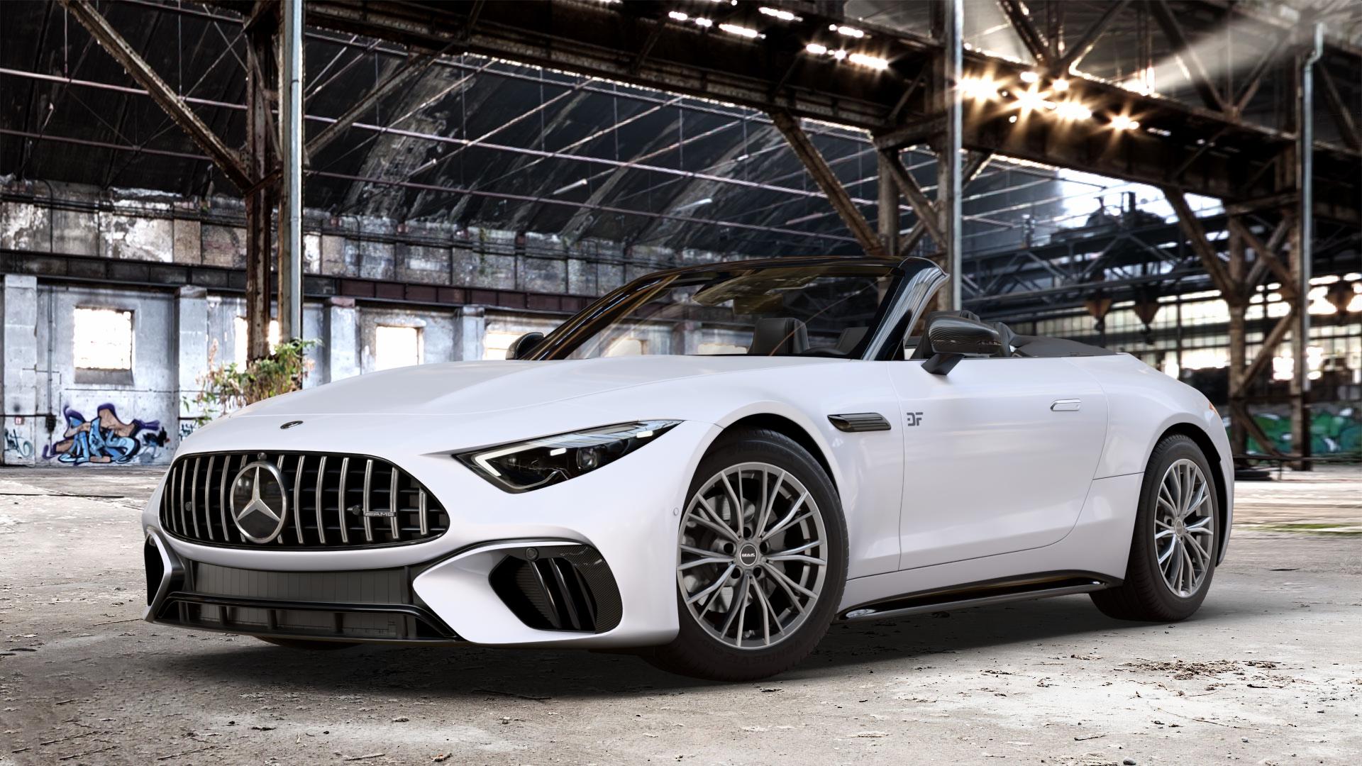 MAK Mark Gun Met-Mirror Face Felge mit Reifen silber mehrfarbig anthrazit in 18Zoll Alufelge auf weissem Mercedes SL Typ R232 2,0l 43 280kW Mild-Hybrid (381 PS) 4,0l 55 4MATIC+ 350kW (476 63 430kW (585 ⬇️ mit 15mm Tieferlegung ⬇️ Old Industrial Hall_max_4400mm_2024 Frontansicht_1