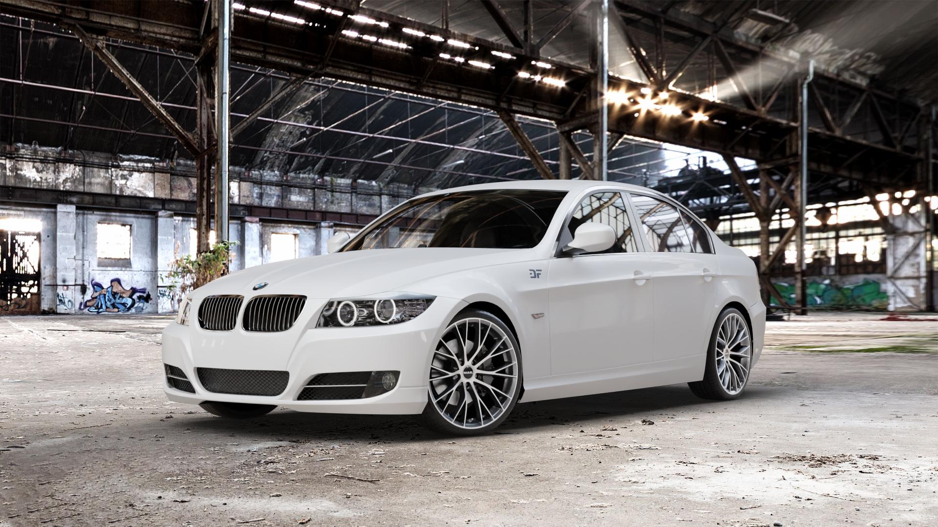 MAK Munchen Gun Met-Mirror Face Felge mit Reifen silber mehrfarbig anthrazit in 19Zoll Alufelge auf weissem BMW 318i Typ E90 (Limousine) 320i 335i 335d 318d 320d 325i 330i 330d 316i 325xi 330xi 325d 330xd 320si M3 (M390) 320xd 316d 335xi 323i CRT 3er Limousine (390L, 3 ⬇️ mit 15mm Tieferlegung ⬇️ Old Industrial Hall_max_5300mm_2024 Frontansicht_1
