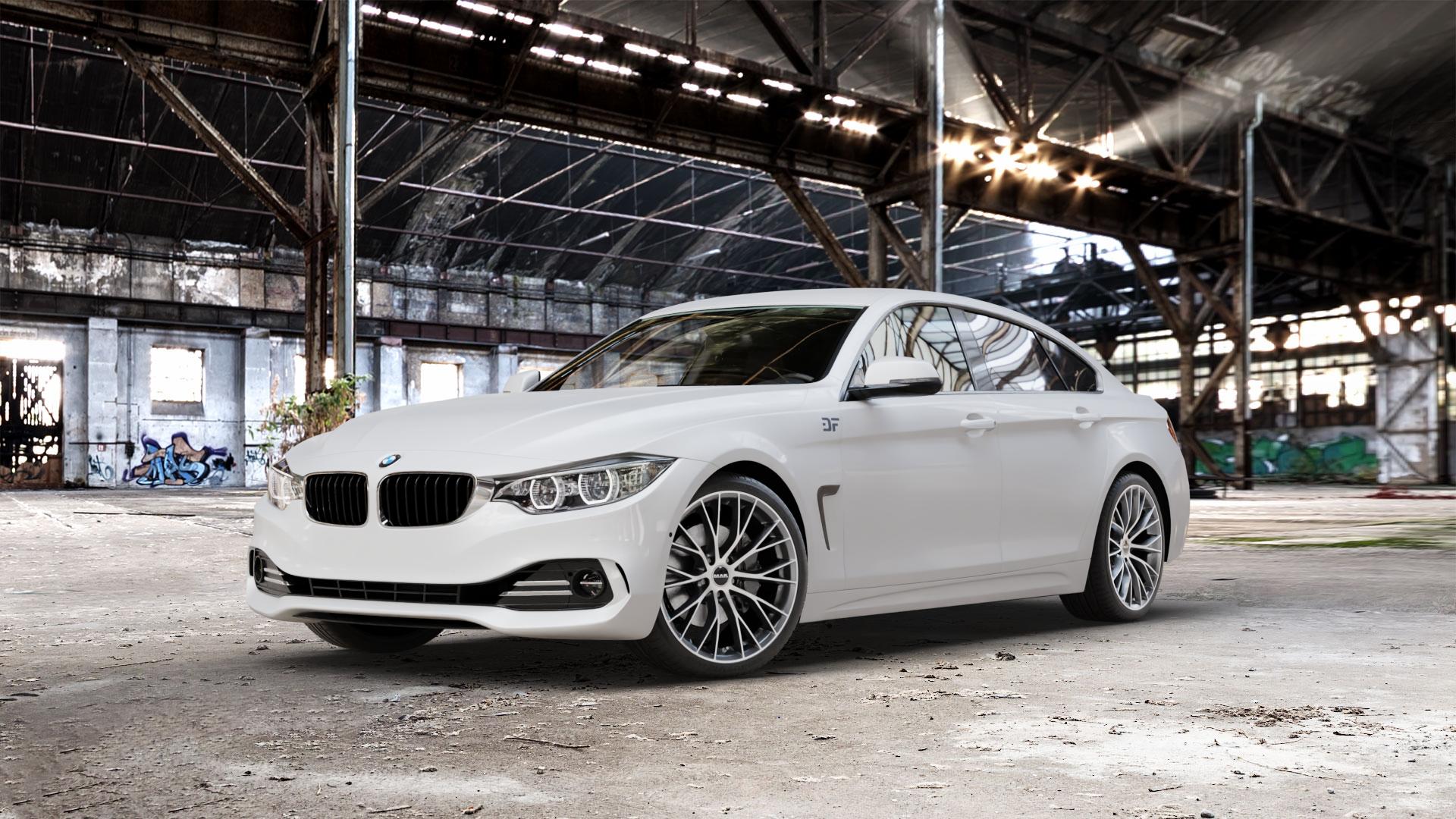 MAK Munchen Gun Met-Mirror Face Felge mit Reifen silber mehrfarbig anthrazit in 19Zoll Alufelge auf weissem BMW 418d Typ F36 (Gran Coupe) 420d xDrive 420i 428i 435i 430d 440i 418i 430i 425d 4er Gran Coupe (3C) ⬇️ mit 15mm Tieferlegung ⬇️ Old Industrial Hall_max_5300mm_2024 Frontansicht_1
