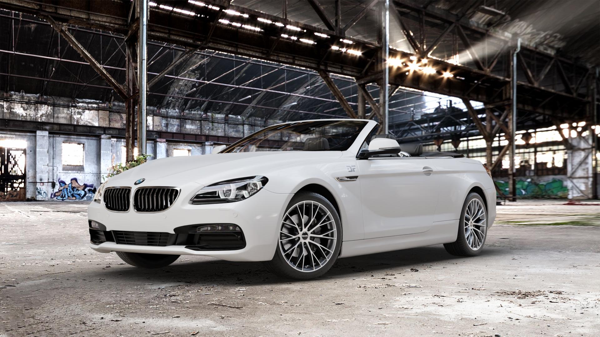 MAK Munchen Gun Met-Mirror Face Felge mit Reifen silber mehrfarbig anthrazit in 19Zoll Alufelge auf weissem BMW M6 Typ E64 (Cabrio) 640i F12 640d 650i xDrive 6er Cabrio (663C) (6C) ⬇️ mit 15mm Tieferlegung ⬇️ Old Industrial Hall_max_5300mm_2024 Frontansicht_1