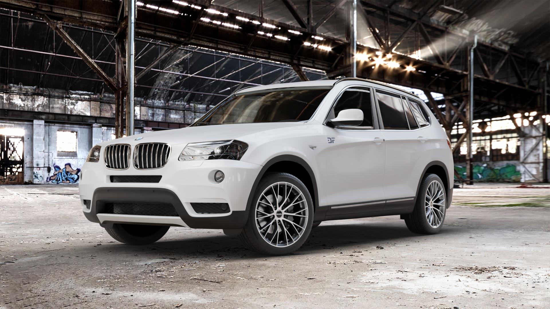 MAK Munchen Gun Met-Mirror Face Felge mit Reifen silber mehrfarbig anthrazit in 19Zoll Alufelge auf weissem BMW X3 Typ F25 (X3, X-N1) ⬇️ mit 15mm Tieferlegung ⬇️ Old Industrial Hall_max_5300mm_2024 Frontansicht_1
