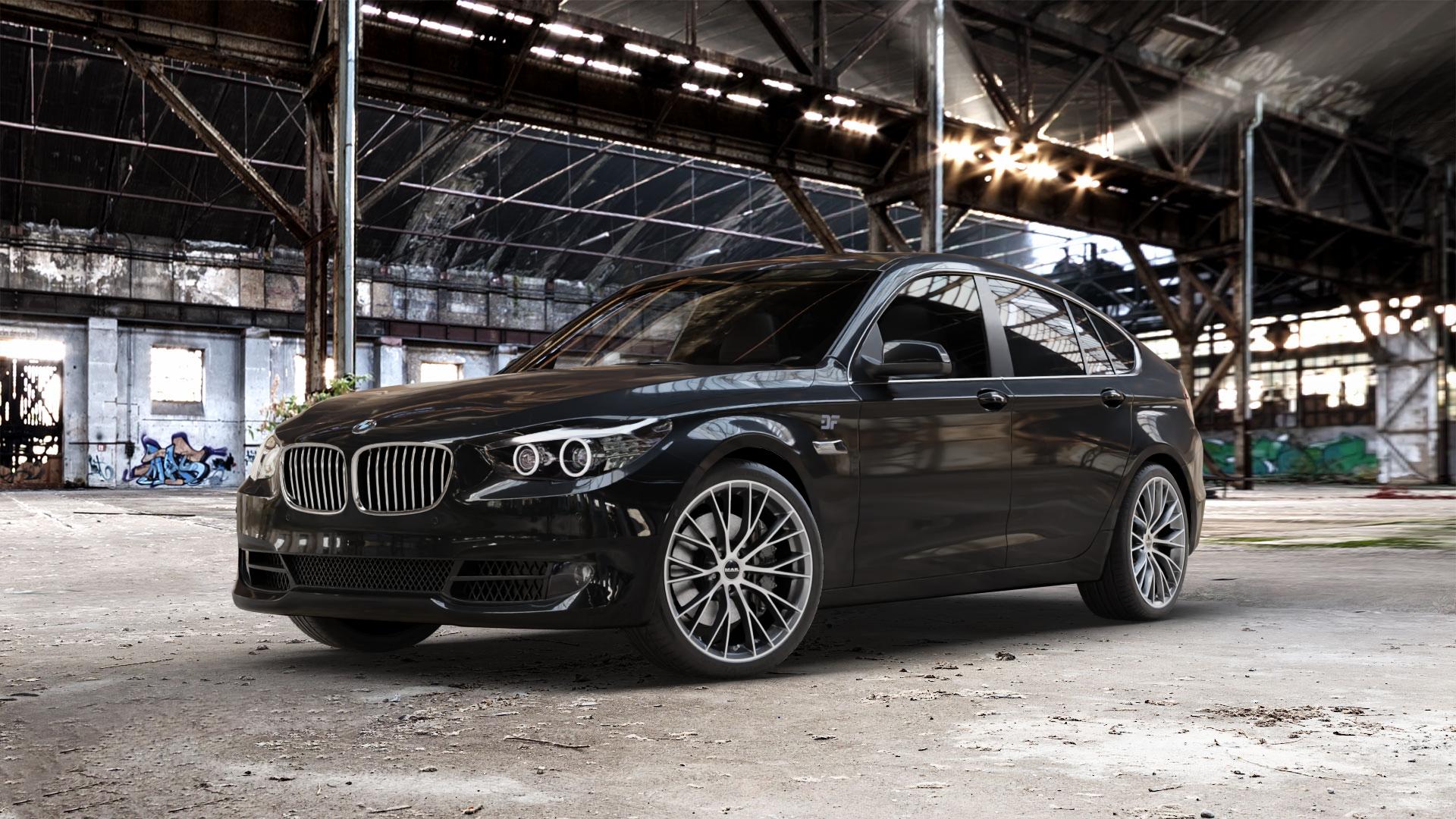 MAK Munchen Gun Met-Mirror Face Felge mit Reifen silber mehrfarbig anthrazit in 20Zoll Alufelge auf schwarzem BMW 535i GT Typ F07 xDrive 550i 530d 535d 520d 528i 5er Gran Turismo (GT, K-N1) ⬇️ mit 15mm Tieferlegung ⬇️ Old Industrial Hall_max_5300mm_2024 Frontansicht_1