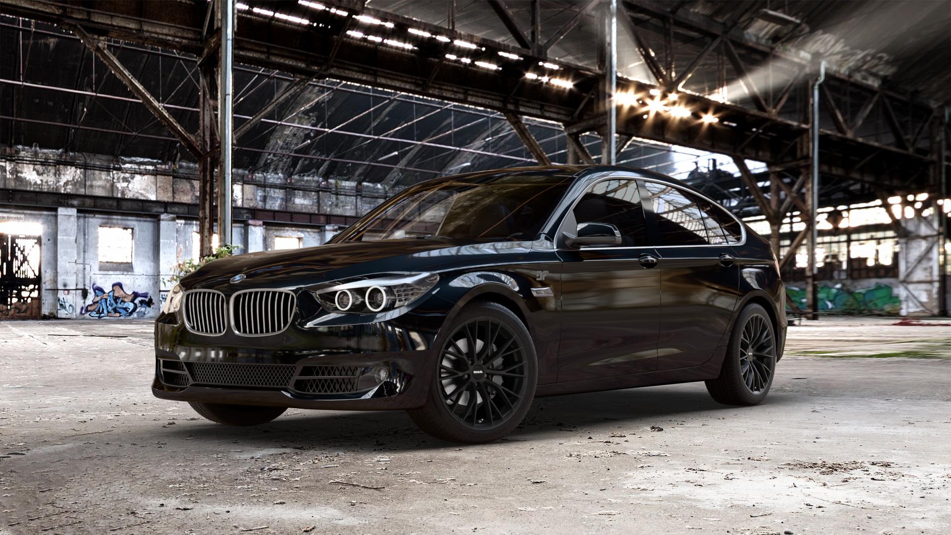 MAK Munchen Matt Black Felge mit Reifen schwarz in 19Zoll Winterfelge Alufelge auf schwarzem BMW 535i GT Typ F07 xDrive 550i 530d 535d 520d 528i 5er Gran Turismo (GT, K-N1) ⬇️ mit 15mm Tieferlegung ⬇️ Old Industrial Hall_max_5300mm_2024 Frontansicht_1