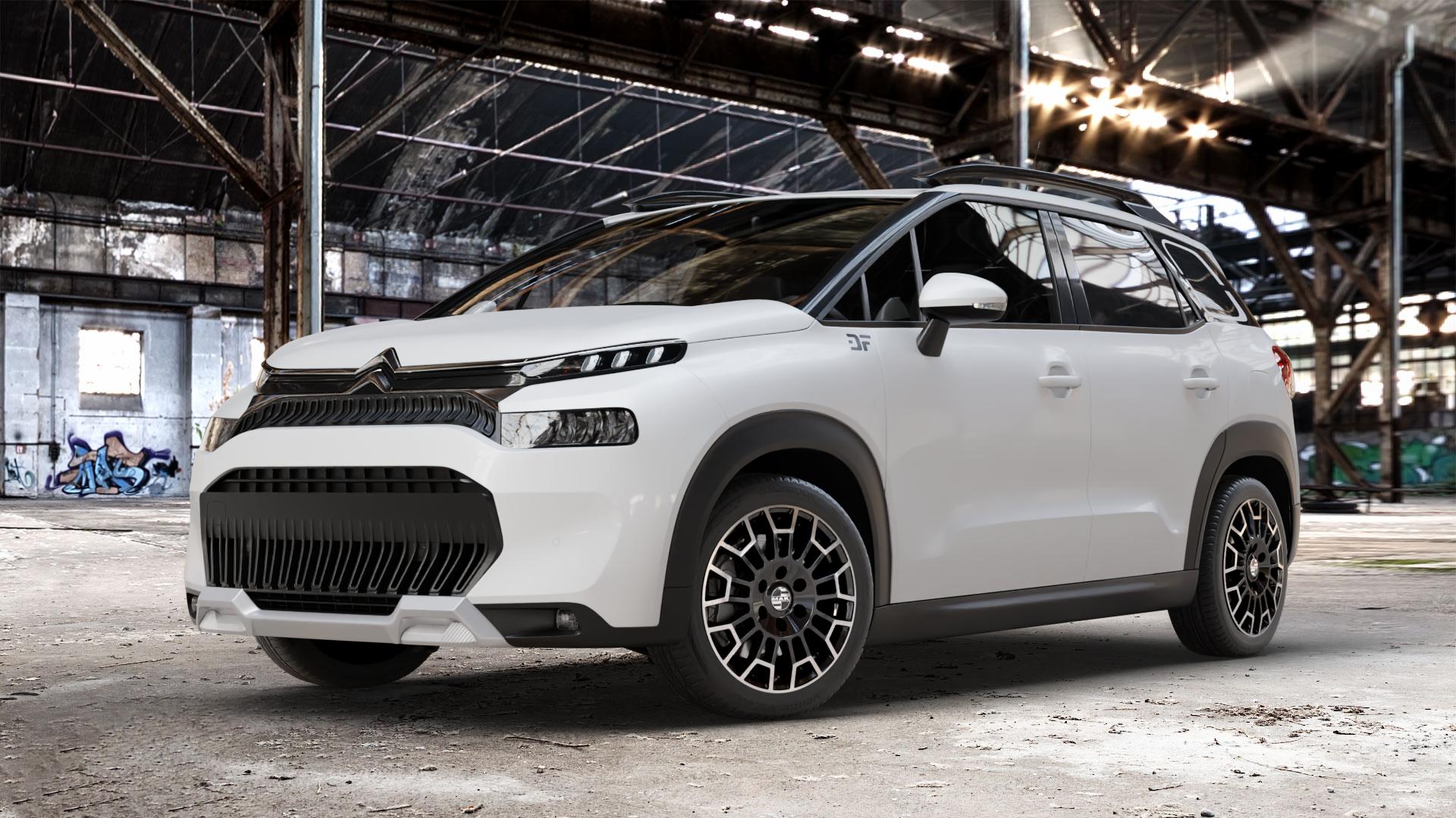 MAK Nomad Black Mirror Felge mit Reifen schwarz in 17Zoll Alufelge auf weissem Citroen C3 Aircross Typ 2 Facelift ⬇️ mit 15mm Tieferlegung ⬇️ Old Industrial Hall_max_4400mm_2024 Frontansicht_1