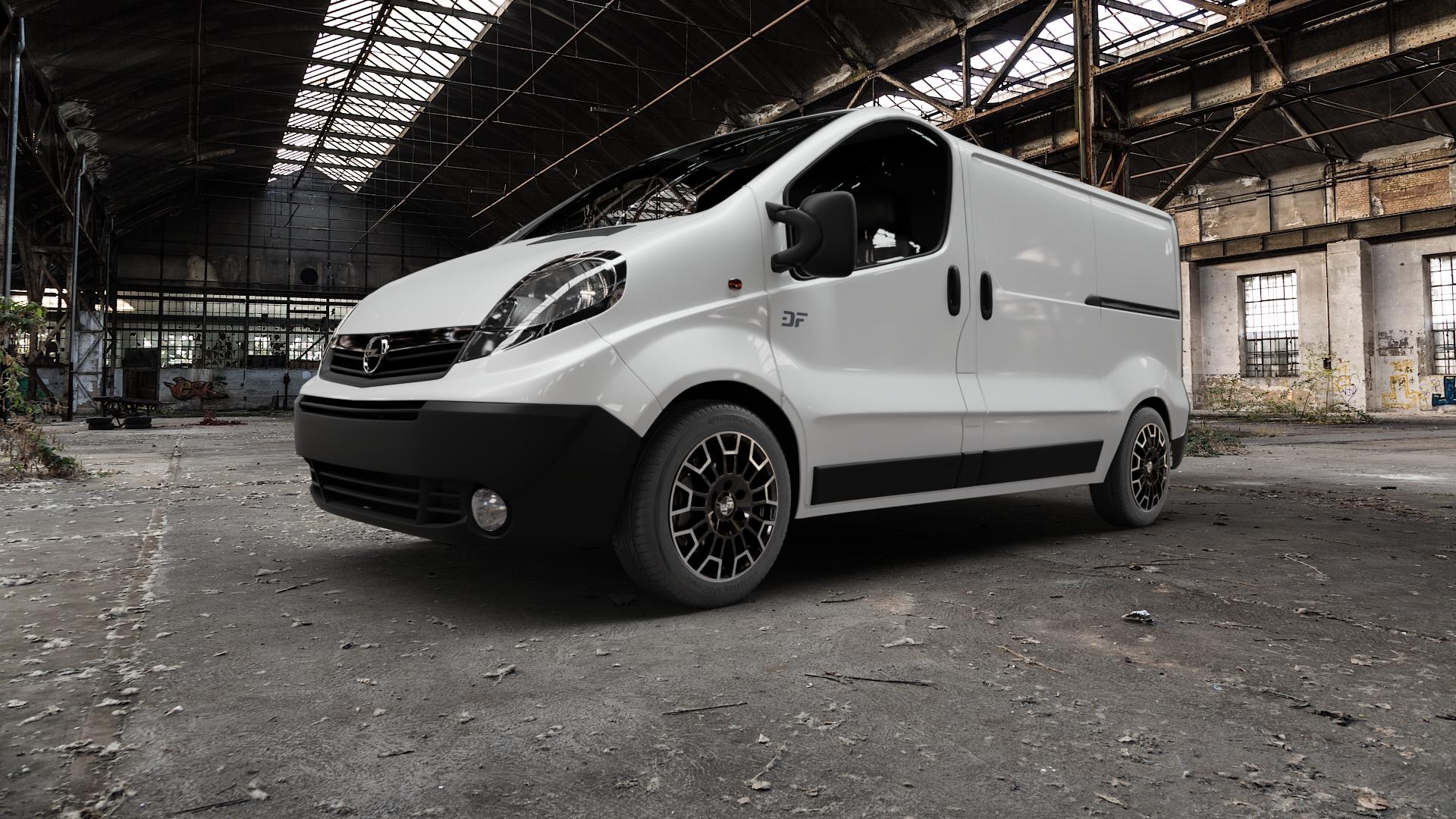 MAK Nomad Black Mirror Felge mit Reifen schwarz in 17Zoll Alufelge auf weissem Opel Vivaro A Kasten ⬇️ mit 15mm Tieferlegung ⬇️ Old Industrial Hall_max5000mm_2022 Frontansicht_1
