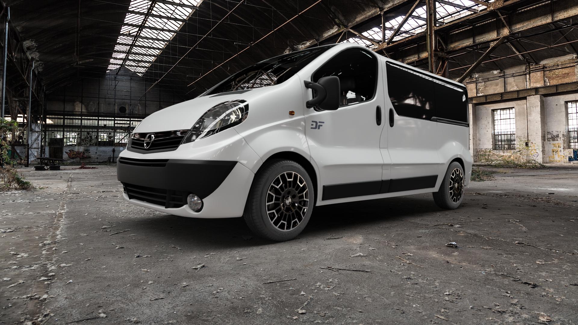 MAK Nomad Black Mirror Felge mit Reifen schwarz in 17Zoll Alufelge auf weissem Opel Vivaro A Kombi ⬇️ mit 15mm Tieferlegung ⬇️ Old Industrial Hall_max5000mm_2022 Frontansicht_1