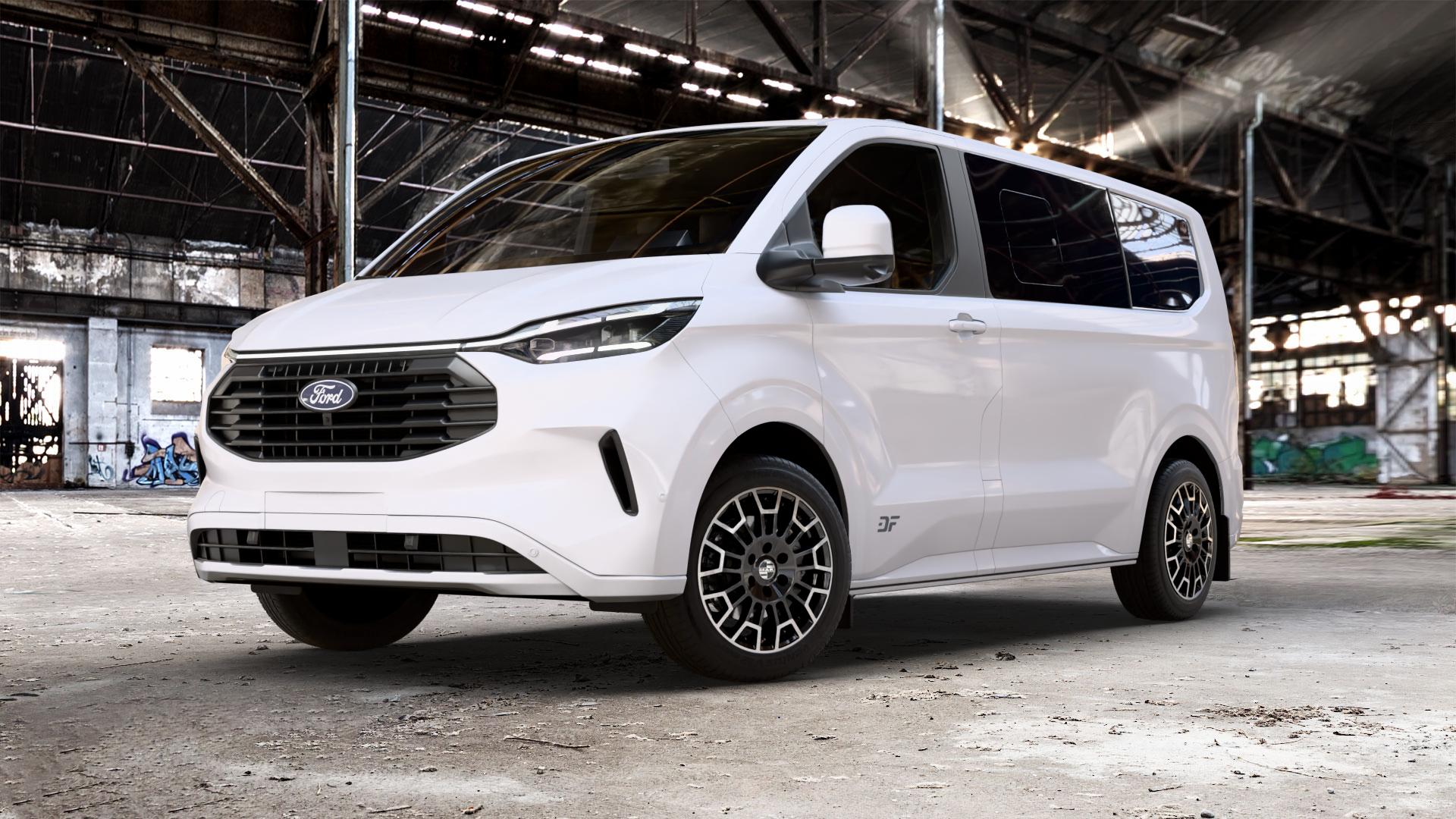 MAK Nomad Black Mirror Felge mit Reifen schwarz in 18Zoll Alufelge auf weissem Ford Tourneo Custom Typ NXN ⬇️ mit 15mm Tieferlegung ⬇️ Old Industrial Hall_max_5300mm_2024 Frontansicht_1
