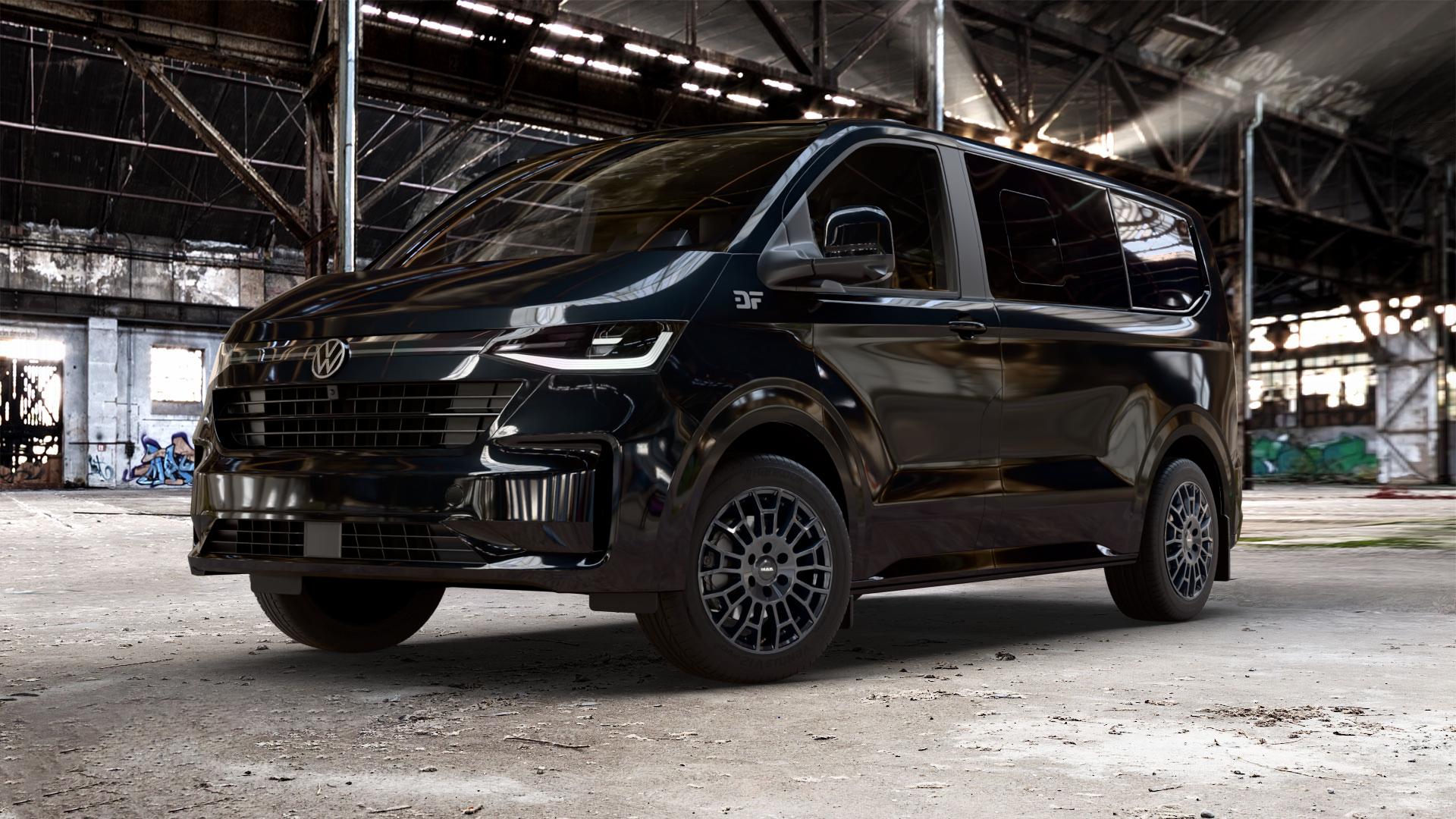MAK Nomad Gloss Black Felge mit Reifen schwarz in 18Zoll Alufelge auf schwarzem Volkswagen (VW) T7 Caravelle ⬇️ mit 15mm Tieferlegung ⬇️ Old Industrial Hall_max_5300mm_2024 Frontansicht_1