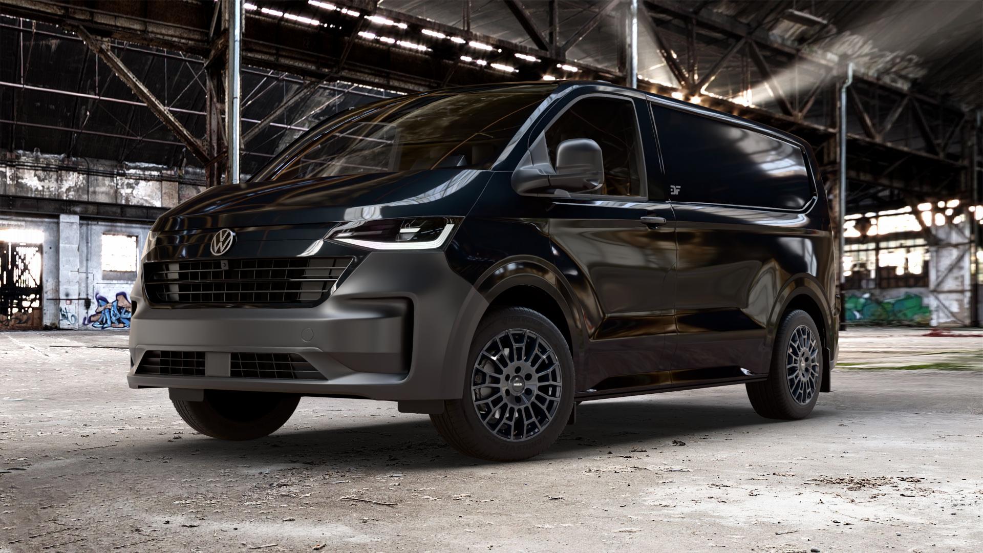 MAK Nomad Gloss Black Felge mit Reifen schwarz in 18Zoll Alufelge auf schwarzem Volkswagen (VW) T7 Transporter ⬇️ mit 15mm Tieferlegung ⬇️ Old Industrial Hall_max_5300mm_2024 Frontansicht_1