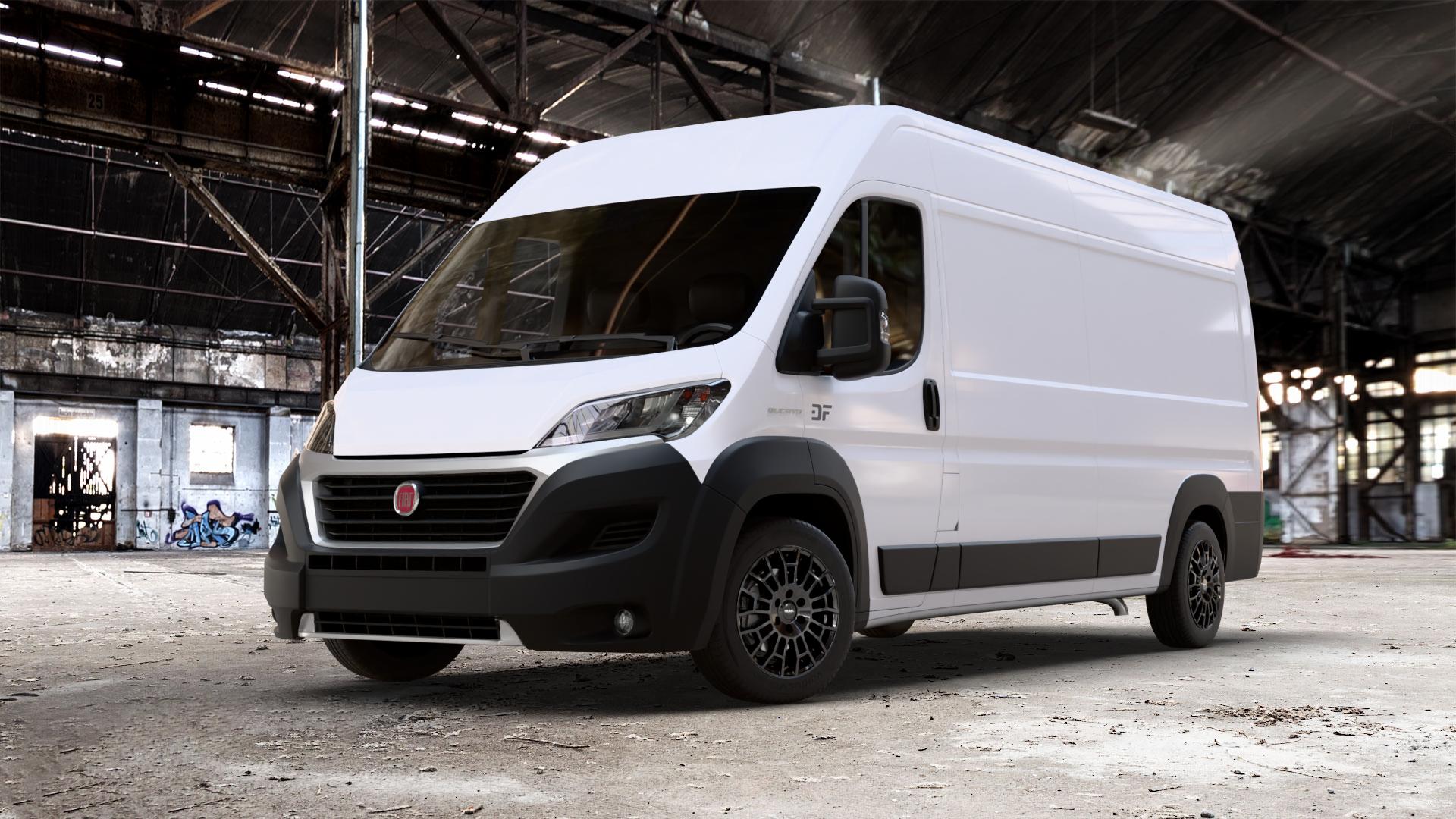MAK Nomad Gloss Black Felge mit Reifen schwarz in 18Zoll Alufelge auf weissem Fiat Ducato Kasten Typ 250 Facelift 2,0l D 85kW 115 Multijet (116 PS) 2,3l 110kW 150 (150 130kW 180 (177 96kW 130 (131 ⬇️ mit 15mm Tieferlegung ⬇️ Old Industrial Hall_max_7000mm_2024 Frontansicht_1