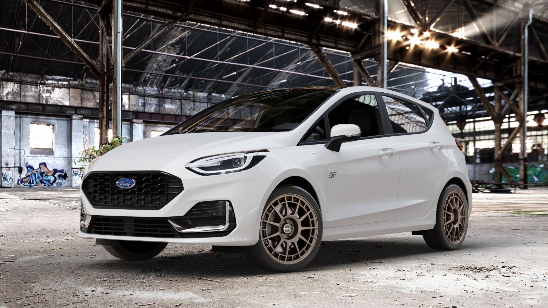 MAK NTT Matt Bronze Felge mit Reifen in 17Zoll Winterfelge Alufelge auf weissem Ford Fiesta VII Typ JHH Facelift 1,0l EcoBoost 74kW (101 PS) 92kW (125 Mild-Hybrid 114kW (155 1,1l 55kW (75 ⬇️ mit 15mm Tieferlegung ⬇️ Old Industrial Hall_max_4400mm_2024 Frontansicht_1