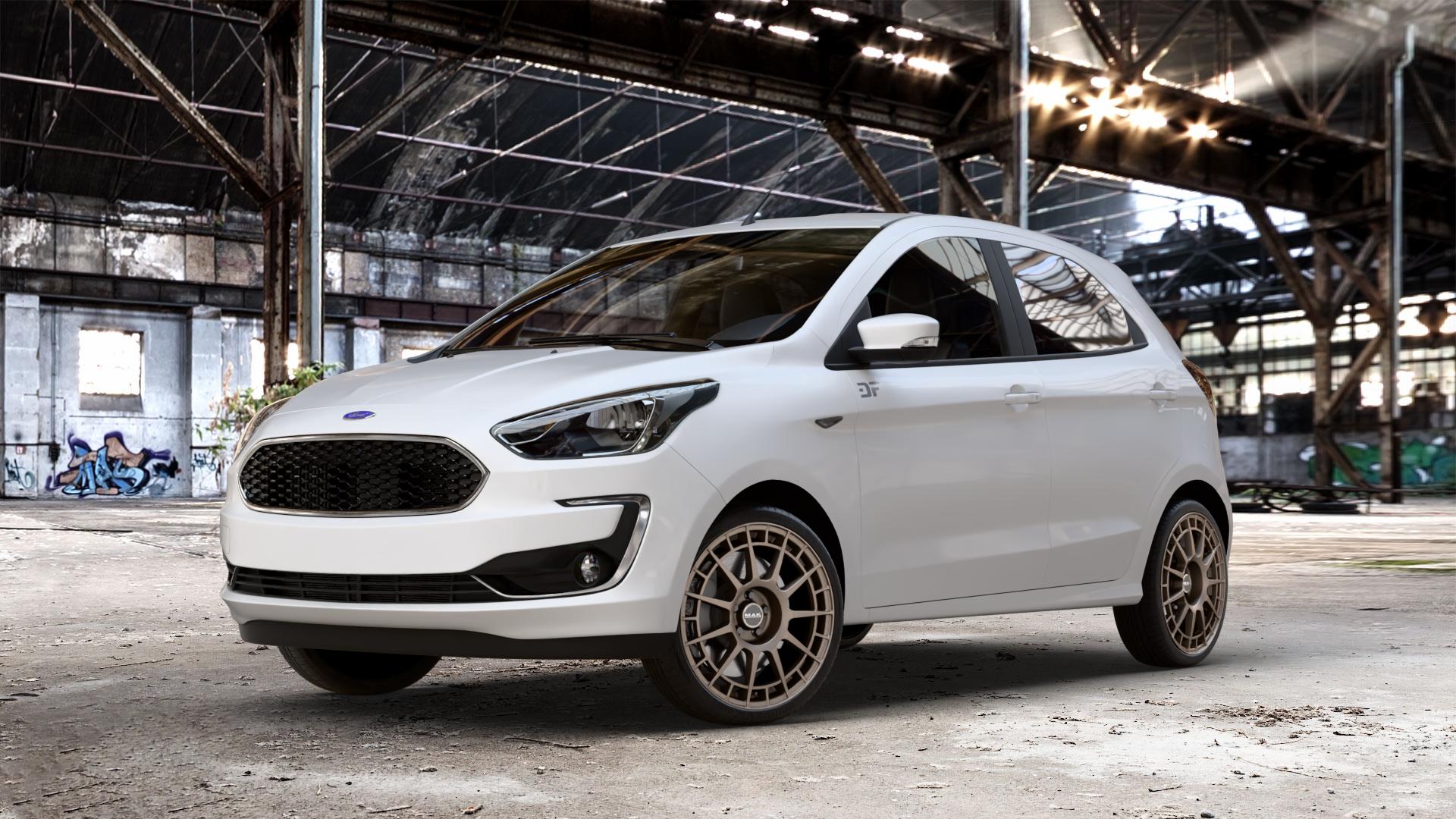 MAK NTT Matt Bronze Felge mit Reifen in 17Zoll Winterfelge Alufelge auf weissem Ford KA+ Typ KAF ACTIVE Facelift KA ⬇️ mit 15mm Tieferlegung ⬇️ Old Industrial Hall_max_4400mm_2024 Frontansicht_1