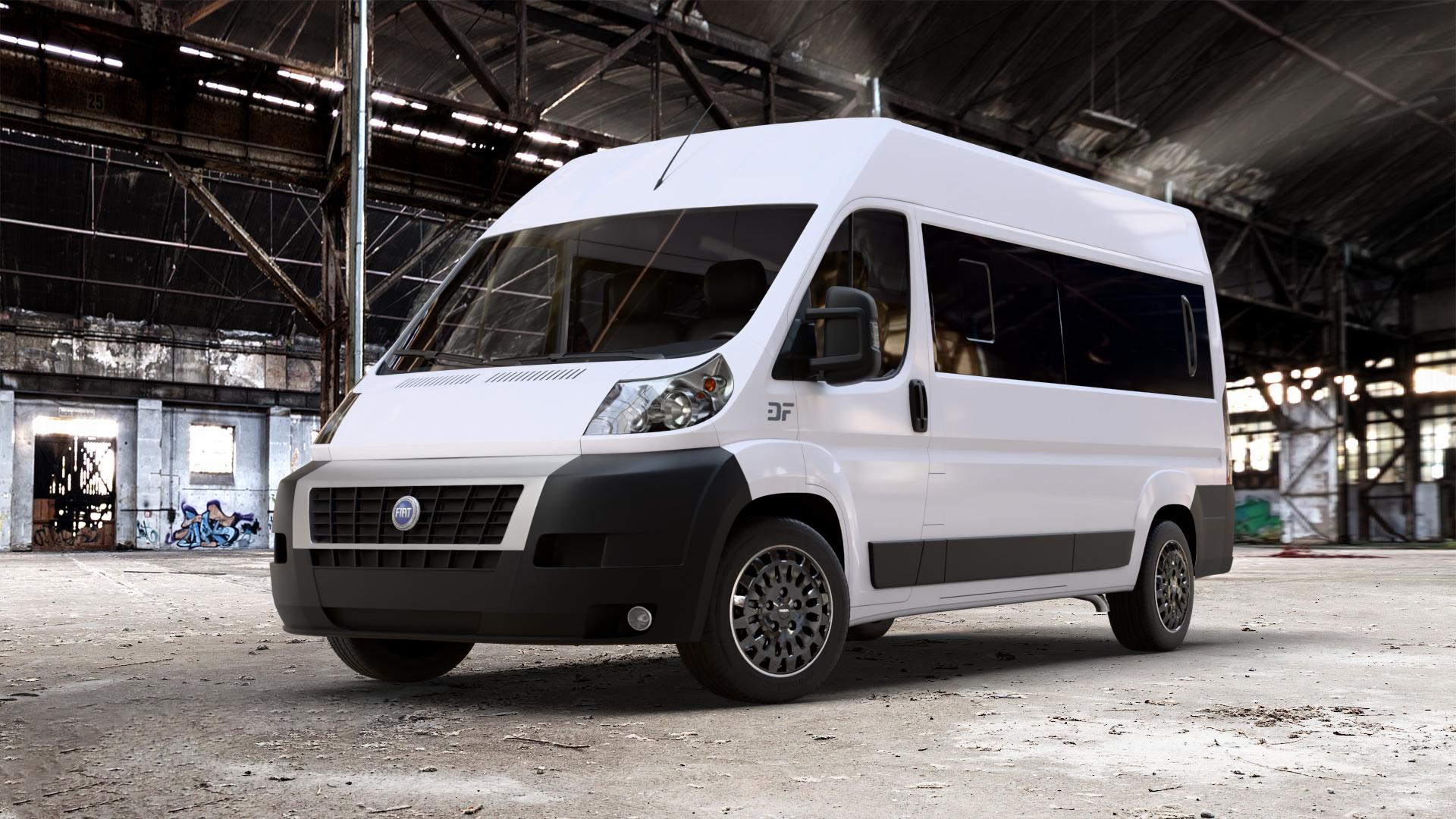 MAK Overland Gloss Black Mirror Ring Felge mit Reifen schwarz in 18Zoll Alufelge auf weissem Fiat Ducato Bus Typ 250 ⬇️ mit 15mm Tieferlegung ⬇️ Old Industrial Hall_max_7000mm_2024 Frontansicht_1