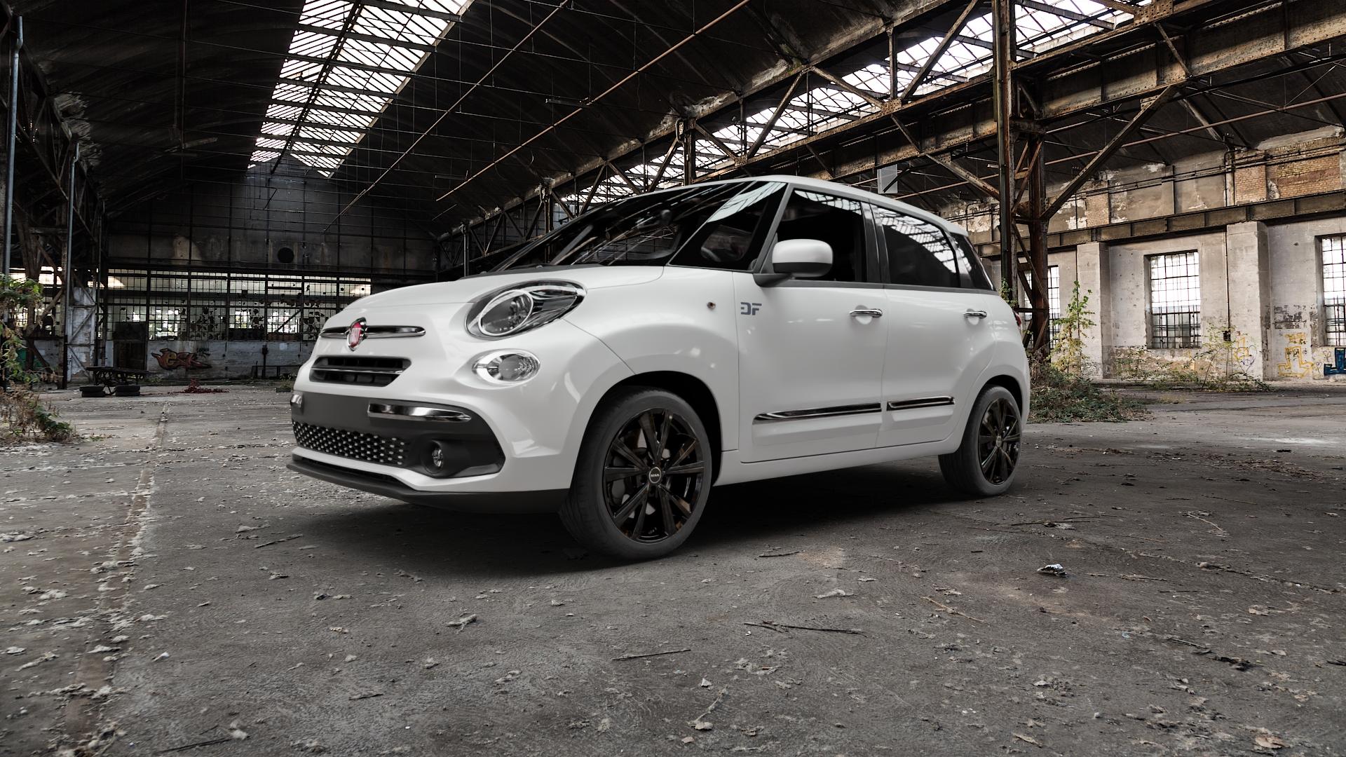 MAK Qvarz Gloss Black Felge mit Reifen schwarz in 17Zoll Alufelge auf weissem Fiat 500 L Typ 199 Trekking ⬇️ mit 15mm Tieferlegung ⬇️ Old Industrial Hall_max5000mm_2022 Frontansicht_1