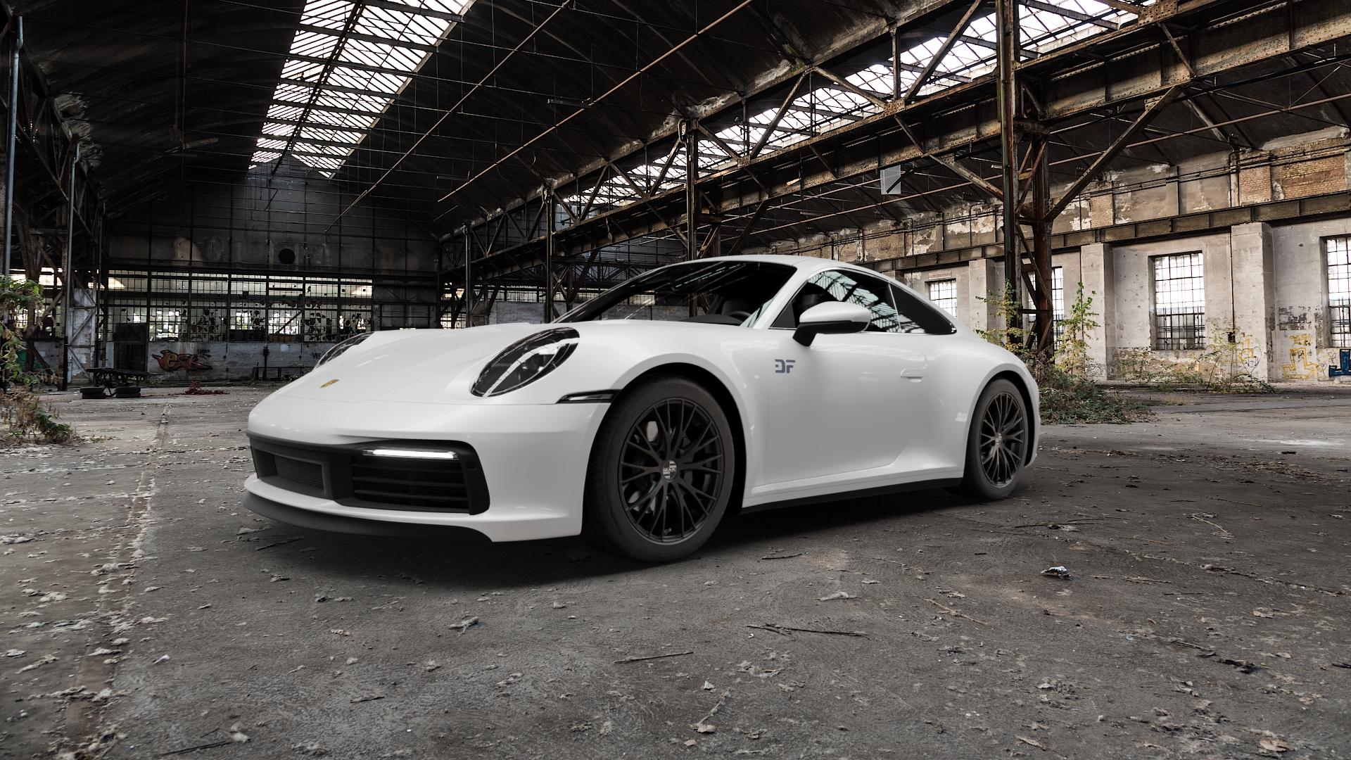 MAK Rennen Matt Black Felge mit Reifen schwarz in 18Zoll Winterfelge Alufelge auf weissem Porsche 911 Typ 992 Cabriolet 992TR Targa Facelift ⬇️ mit 15mm Tieferlegung ⬇️ Old Industrial Hall_max5000mm_2022 Frontansicht_1