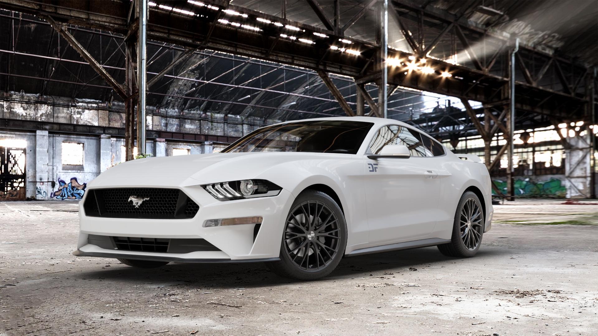 MAK Rennen Matt Black Felge mit Reifen schwarz in 19Zoll Winterfelge Alufelge auf weissem Ford Mustang VI Coupe Typ LAE Facelift ⬇️ mit 15mm Tieferlegung ⬇️ Old Industrial Hall_max_5300mm_2024 Frontansicht_1