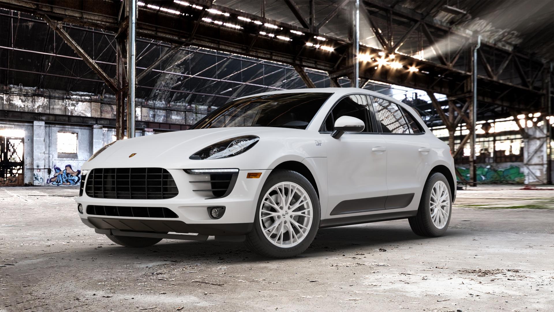 MAK Rennen Silver Felge mit Reifen silber in 19Zoll Winterfelge Alufelge auf weissem Porsche Macan Typ 95B ⬇️ mit 15mm Tieferlegung ⬇️ Old Industrial Hall_max_5300mm_2024 Frontansicht_1