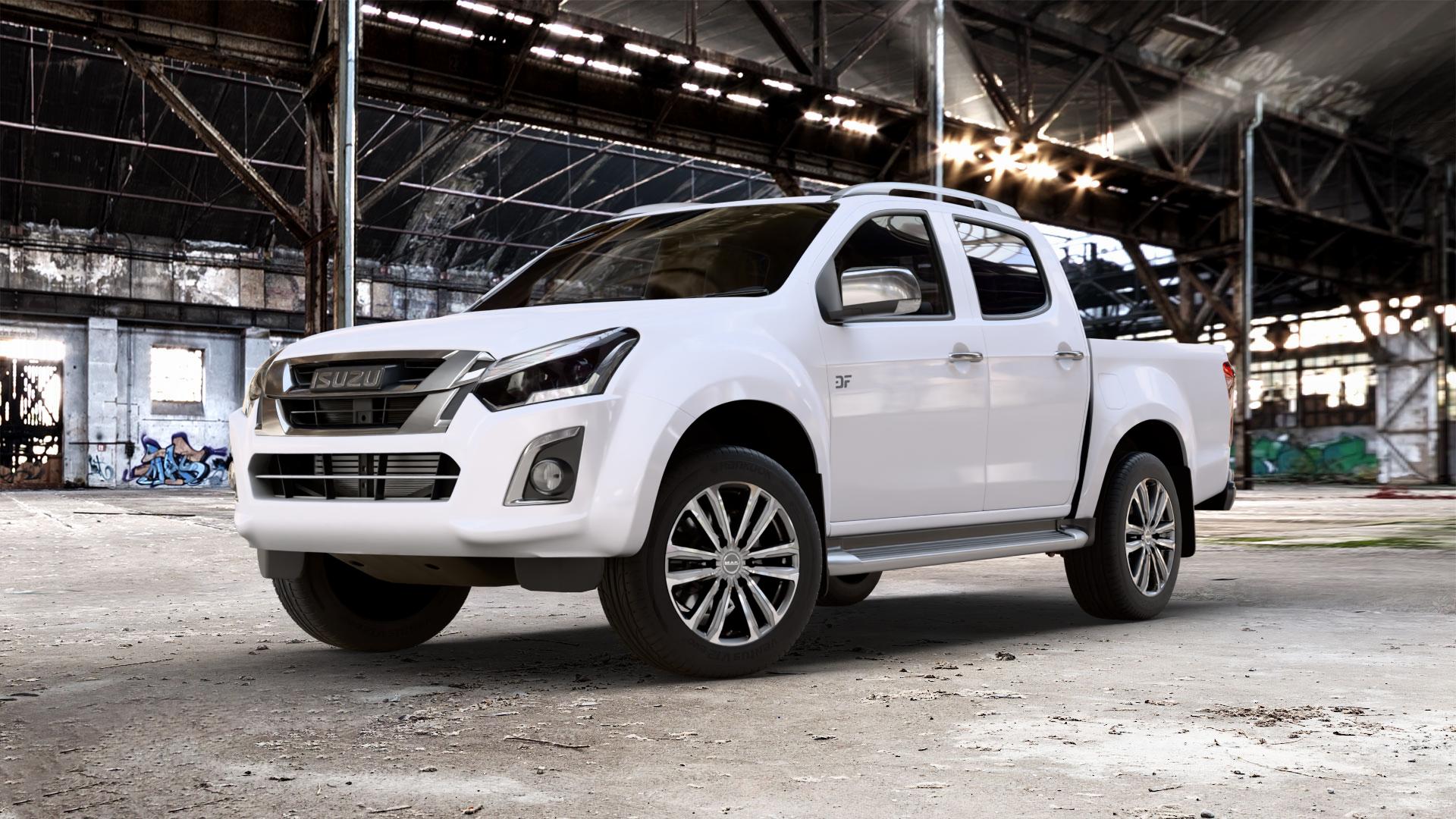 MAK SAFARI6 Gun Met-Mirror Face Felge mit Reifen grau silber mehrfarbig in 18Zoll Alufelge auf weissem Isuzu D-Max II Typ ATFS 2,5l D 120kW 4WD (163 PS) ATFR Facelift 1,9l ⬇️ mit 15mm Tieferlegung ⬇️ Old Industrial Hall_max_5300mm_2024 Frontansicht_1