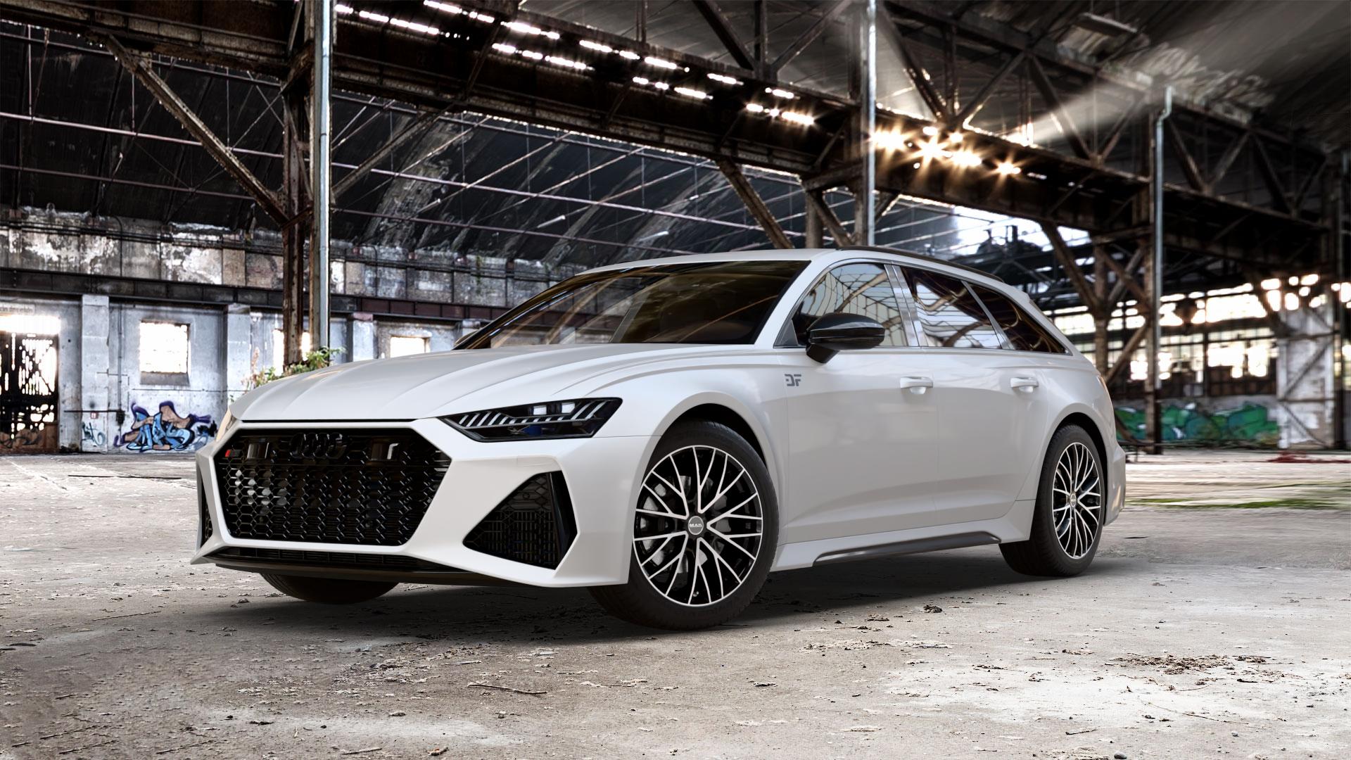 MAK Speciale Black Mirror Felge mit Reifen silber schwarz mehrfarbig in 19Zoll Alufelge auf weissem Audi A6 Typ F2/C8 (Avant) 4,0l RS6 TFSI quattro 441kW (600 PS) Mild-Hybrid Performance 463kW (630 ⬇️ mit 15mm Tieferlegung ⬇️ Old Industrial Hall_max_5300mm_2024 Frontansicht_1