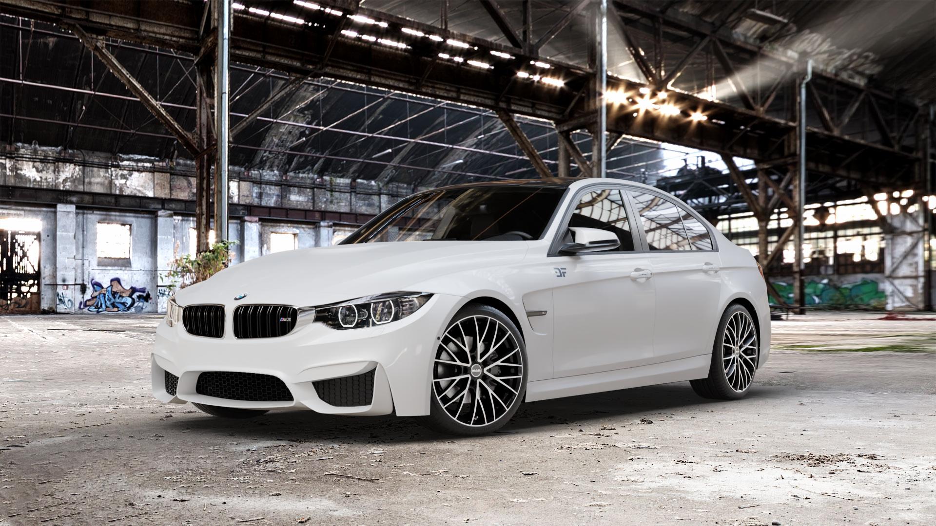 MAK Speciale Black Mirror Felge mit Reifen silber schwarz mehrfarbig in 19Zoll Alufelge auf weissem BMW M3 Typ F80 (Limousine) CS ⬇️ mit 15mm Tieferlegung ⬇️ Old Industrial Hall_max_5300mm_2024 Frontansicht_1