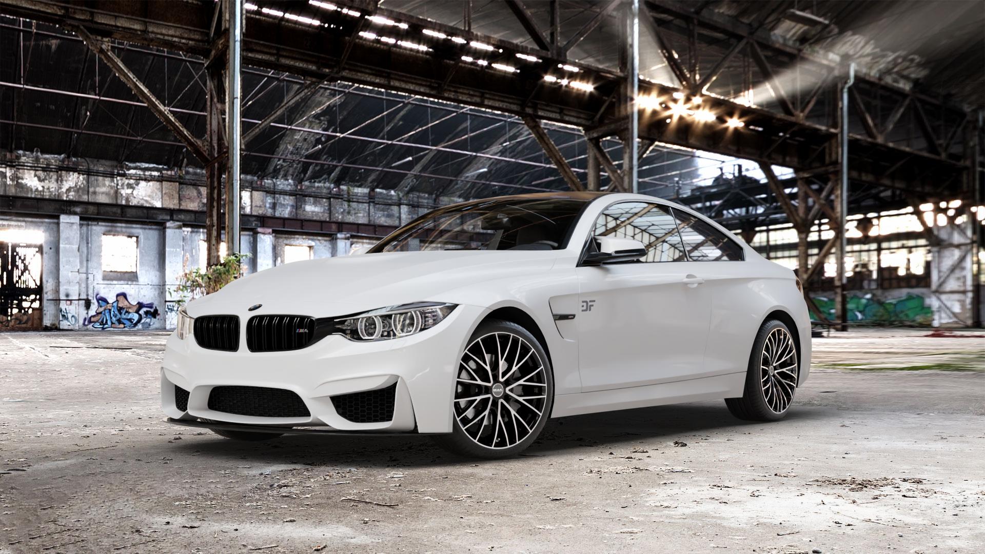 MAK Speciale Black Mirror Felge mit Reifen silber schwarz mehrfarbig in 19Zoll Alufelge auf weissem BMW M4 CS Typ F82 3,0l 338kW (460 PS) (Coupe) ⬇️ mit 15mm Tieferlegung ⬇️ Old Industrial Hall_max_5300mm_2024 Frontansicht_1